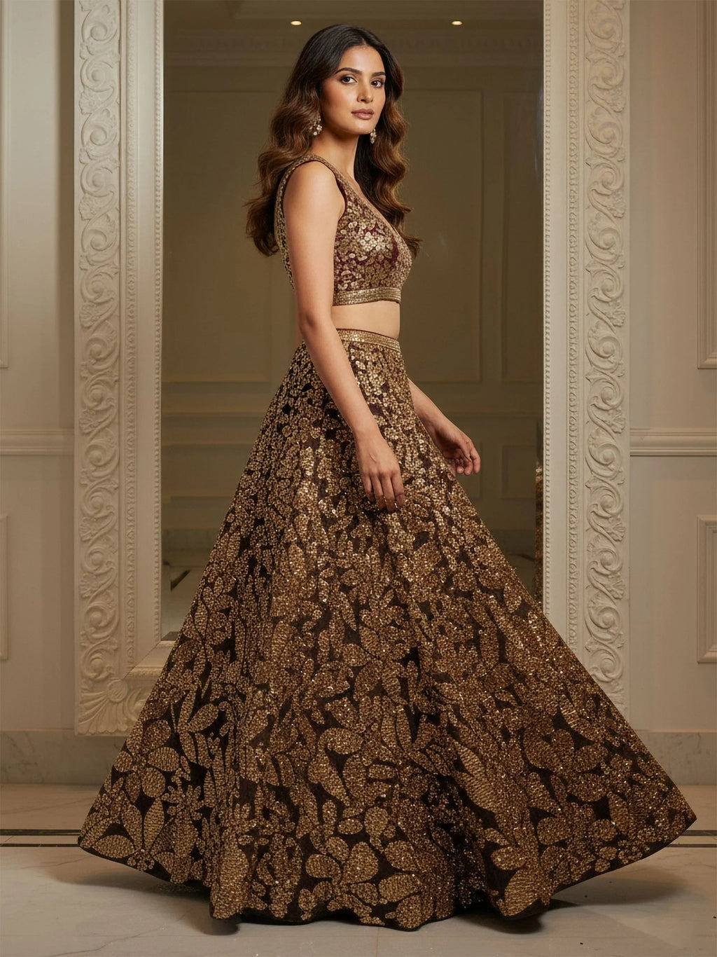 Mesmerizing Brown Sequins Net Reception Wear Plus Size Lehenga Choli