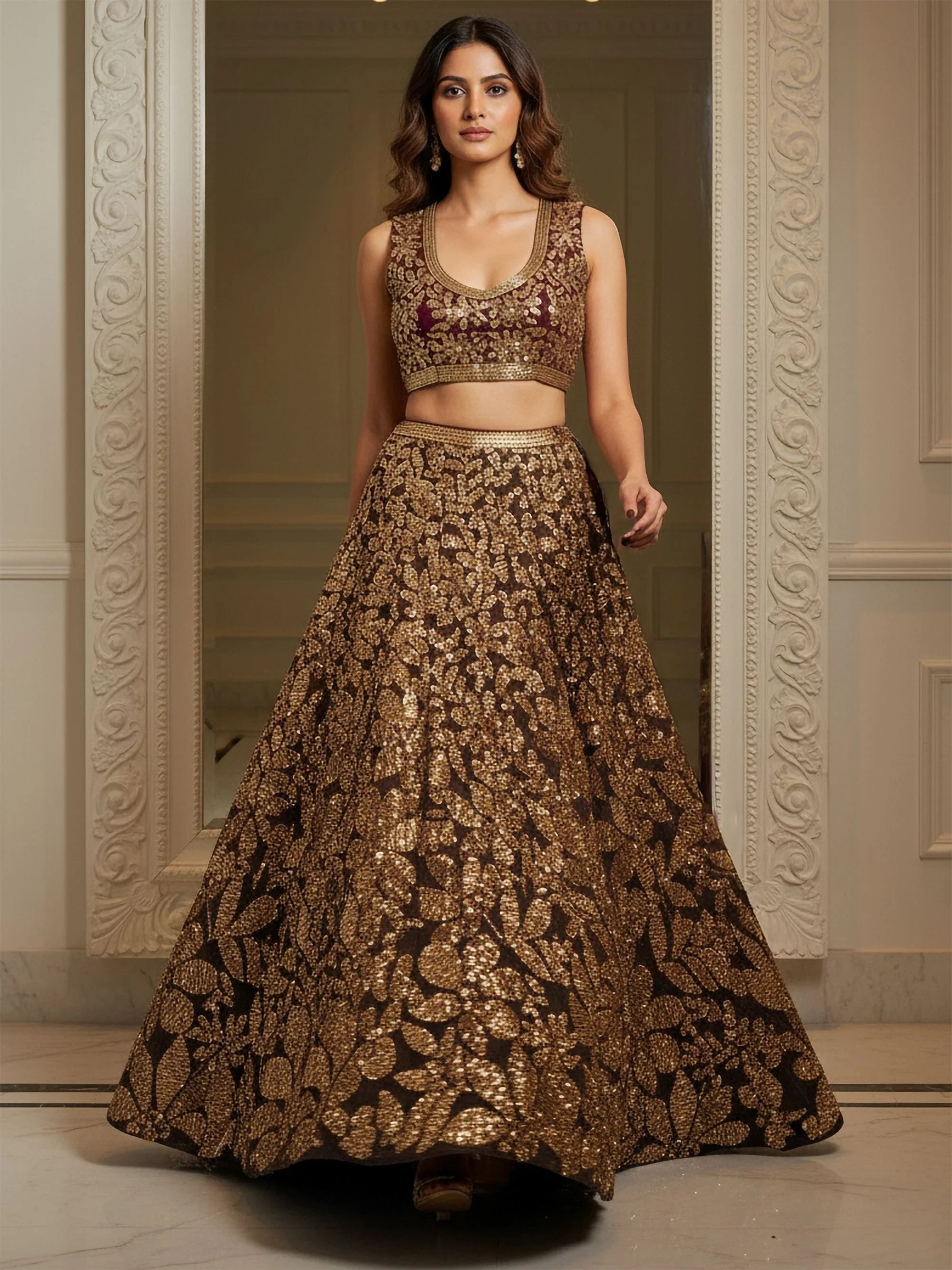 Mesmerizing Brown Sequins Net Reception Wear Plus Size Lehenga Choli