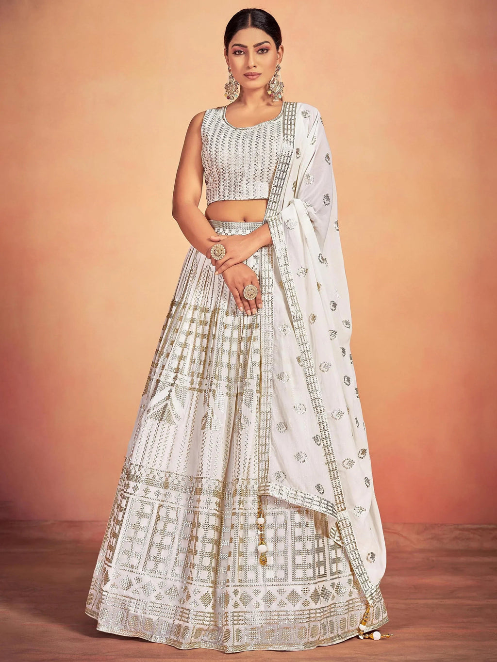 Gorgeous White Sequins Georgette Wedding Lehenga Choli With Dupatta