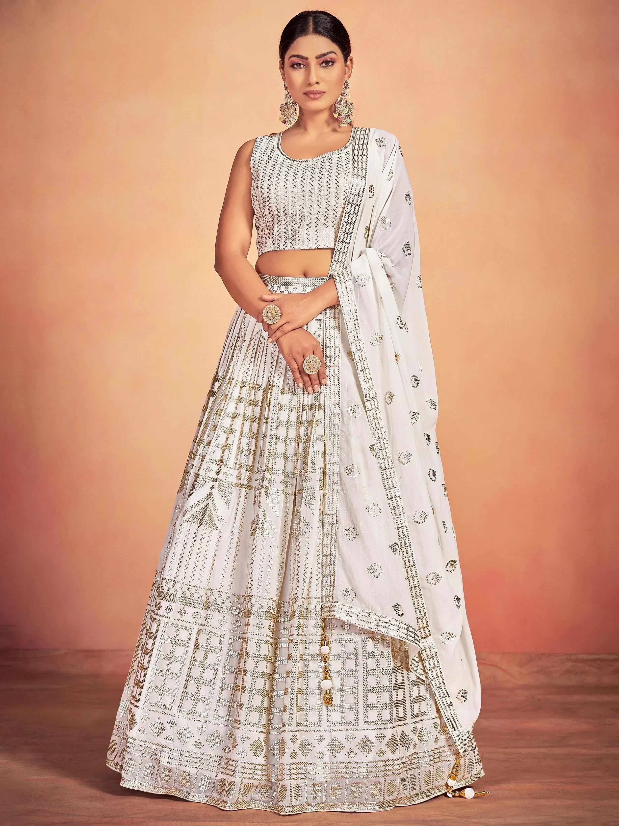 Gorgeous White Sequins Georgette Wedding Lehenga Choli With Dupatta