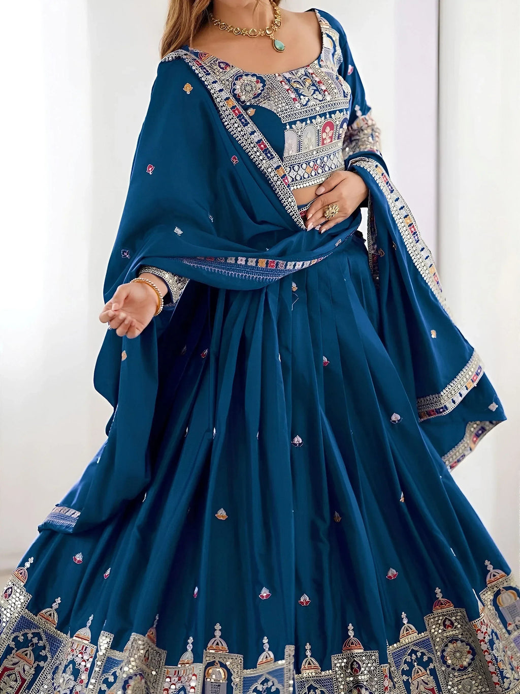 Blue Magnetic Coding Work Crepe Silk Designer Lehenga Choli