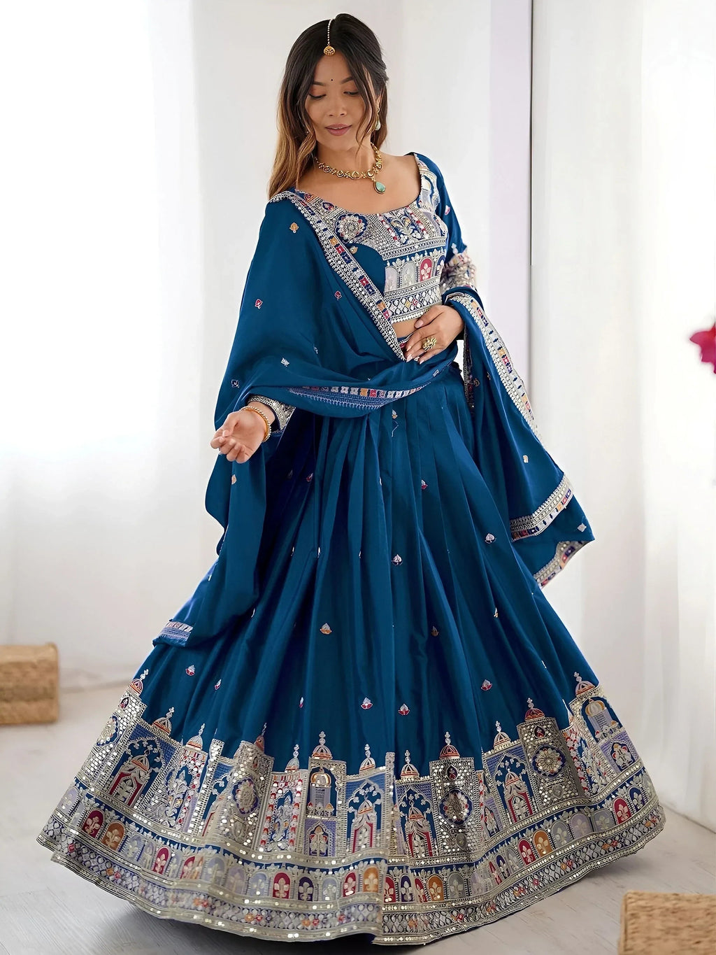 Blue Magnetic Coding Work Crepe Silk Designer Lehenga Choli
