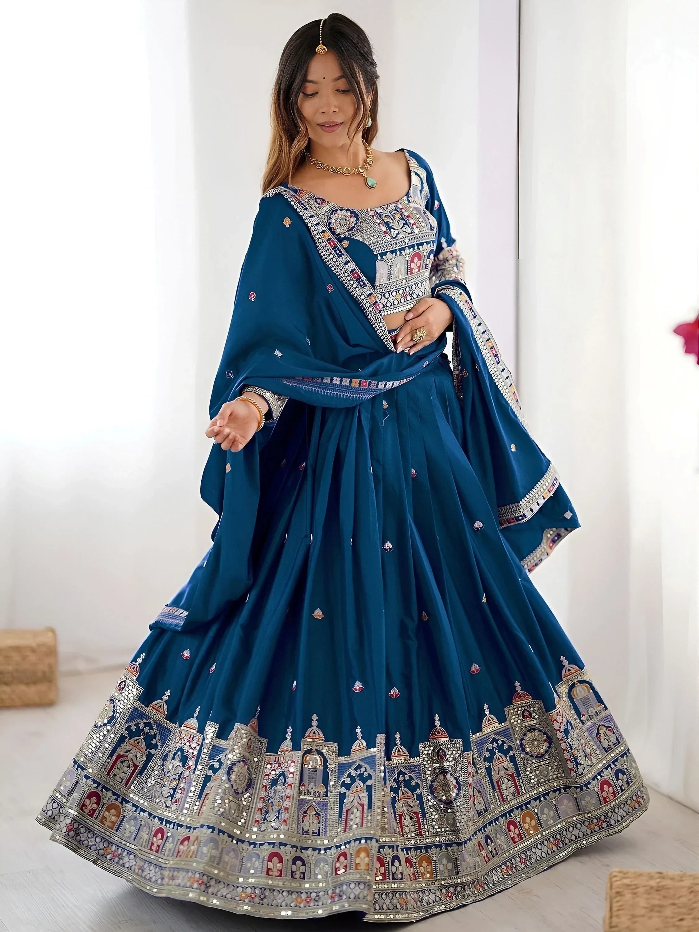 Blue Magnetic Coding Work Crepe Silk Designer Lehenga Choli