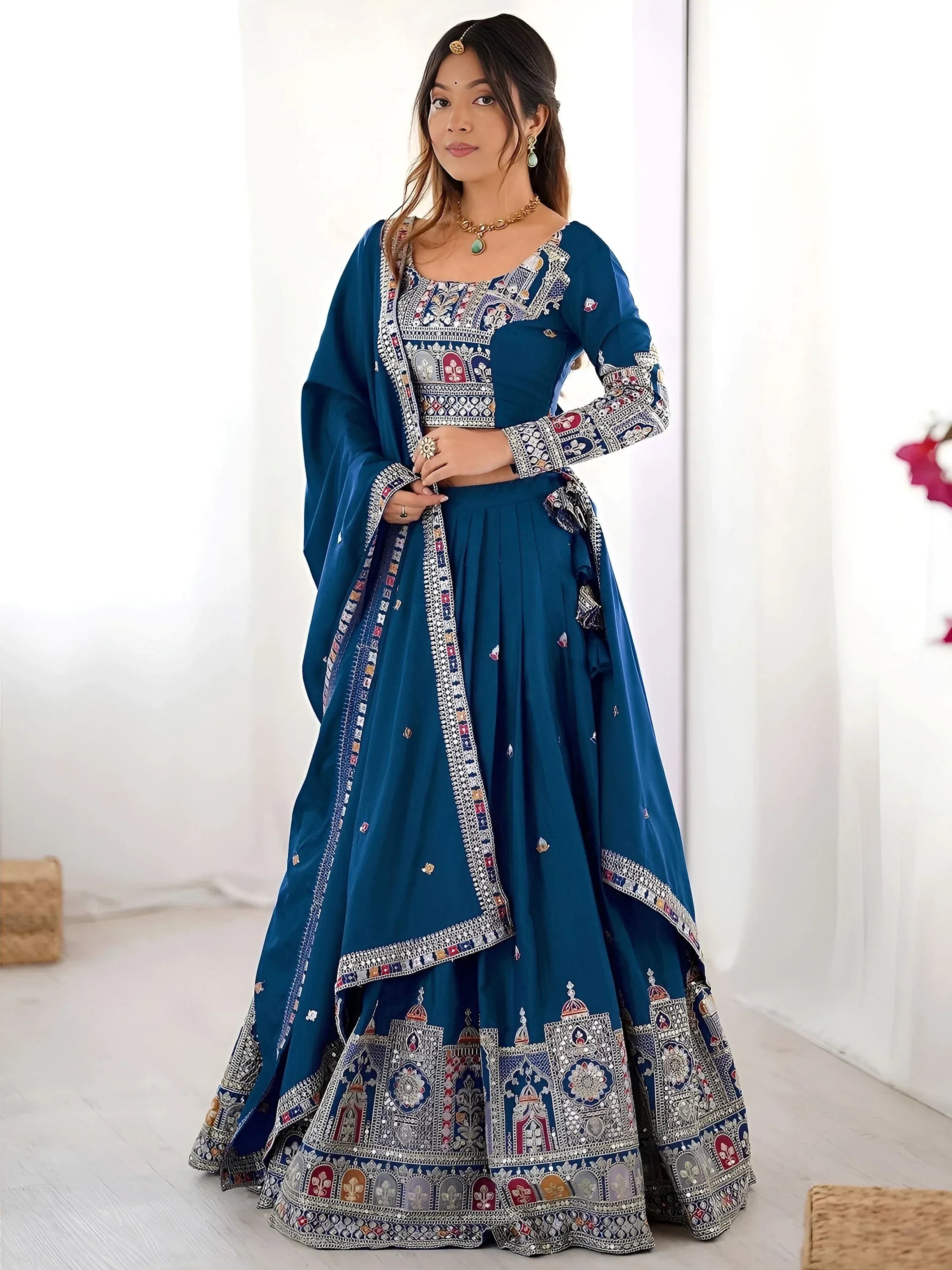 Blue Magnetic Coding Work Crepe Silk Designer Lehenga Choli