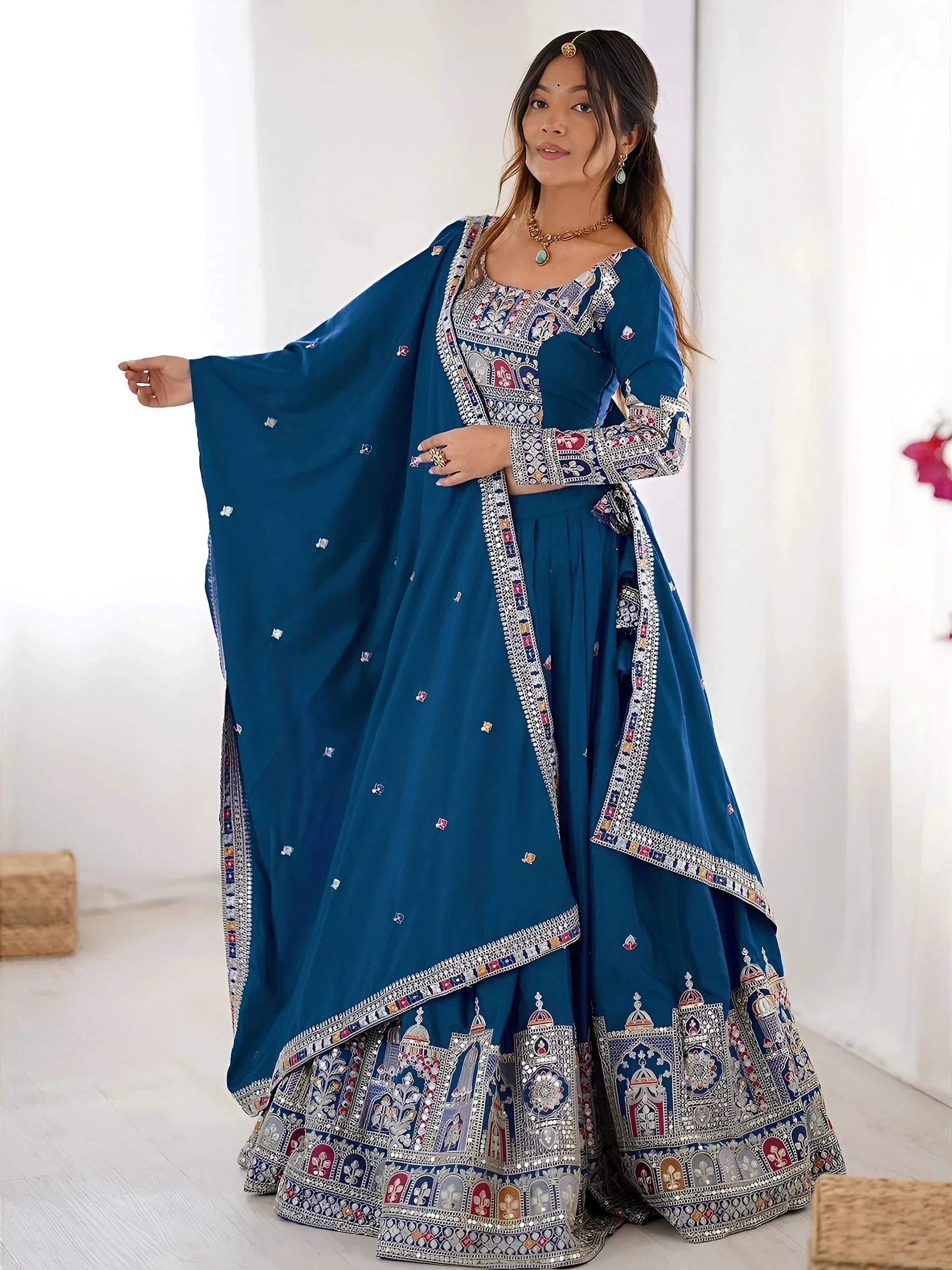 Blue Magnetic Coding Work Crepe Silk Designer Lehenga Choli