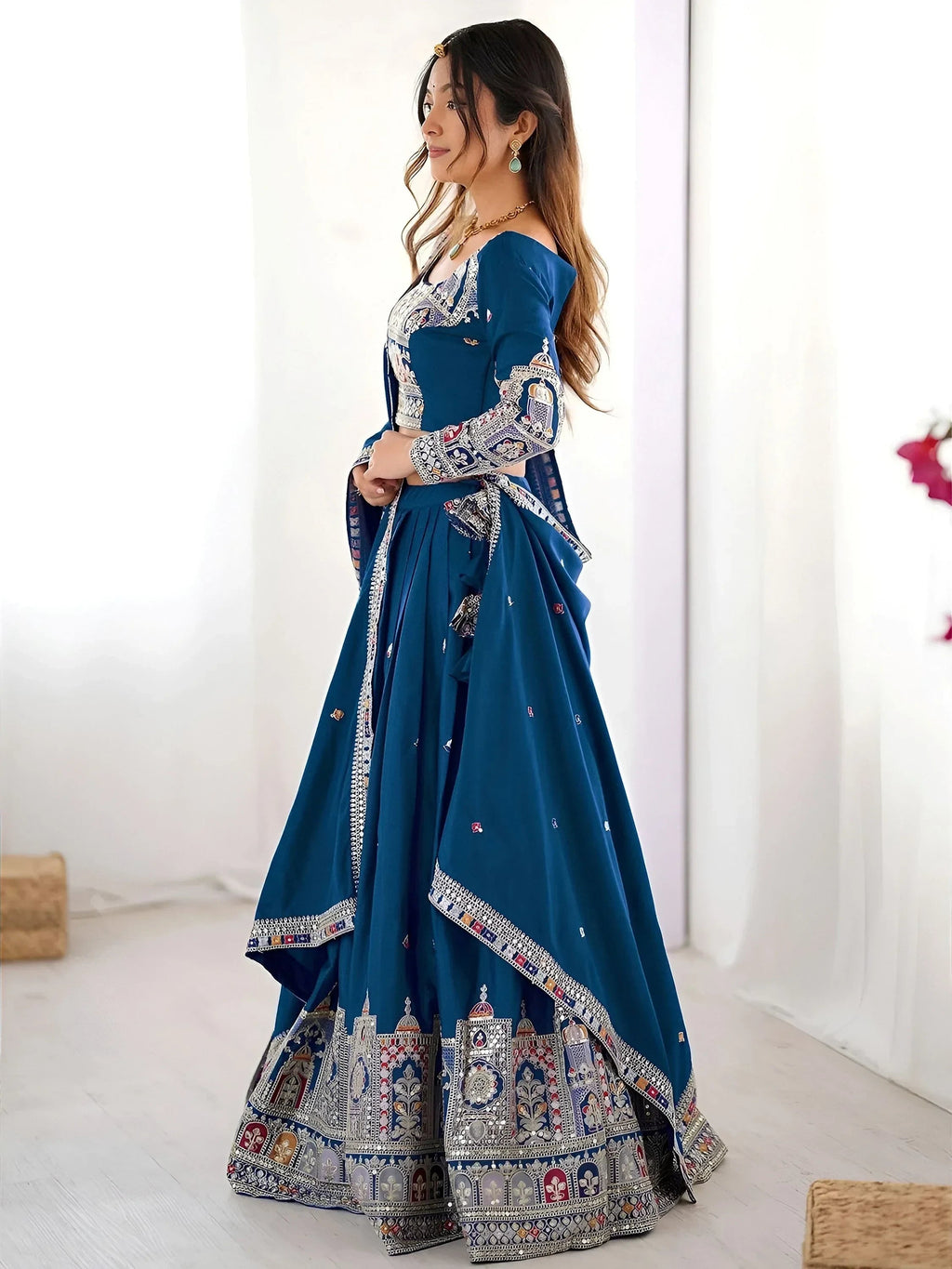Blue Magnetic Coding Work Crepe Silk Designer Lehenga Choli