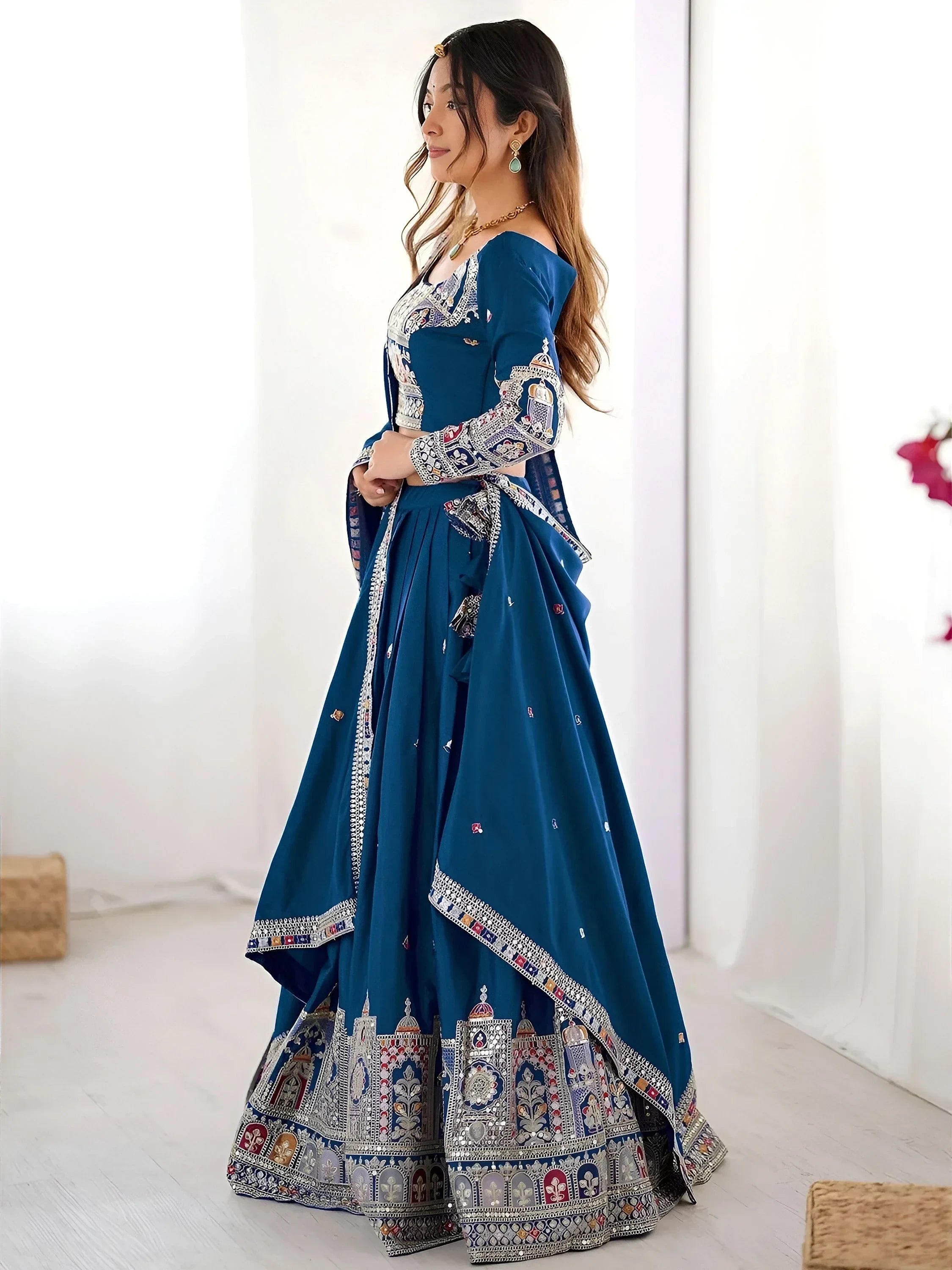 Blue Magnetic Coding Work Crepe Silk Designer Lehenga Choli