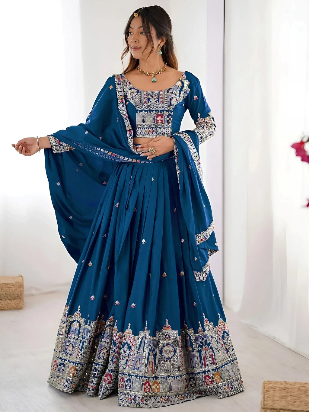 Blue Magnetic Coding Work Crepe Silk Designer Lehenga Choli