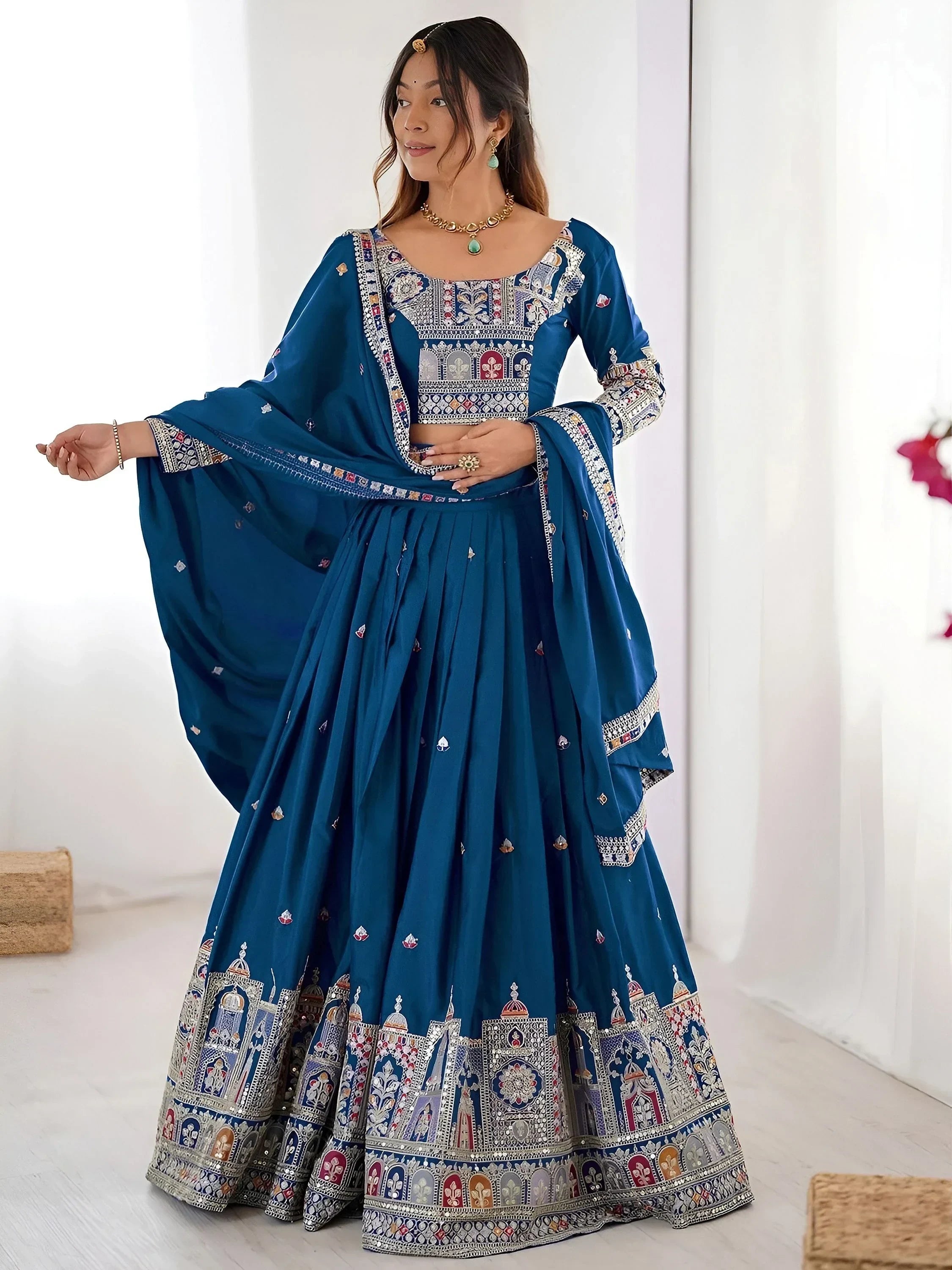 Blue Magnetic Coding Work Crepe Silk Designer Lehenga Choli