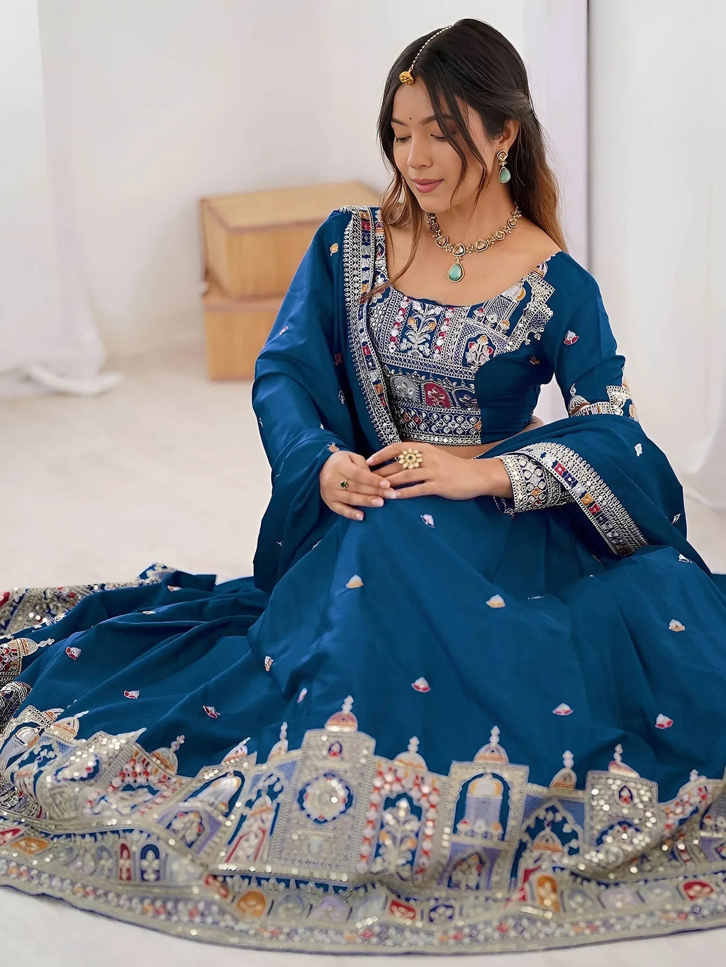 Blue Magnetic Coding Work Crepe Silk Designer Lehenga Choli