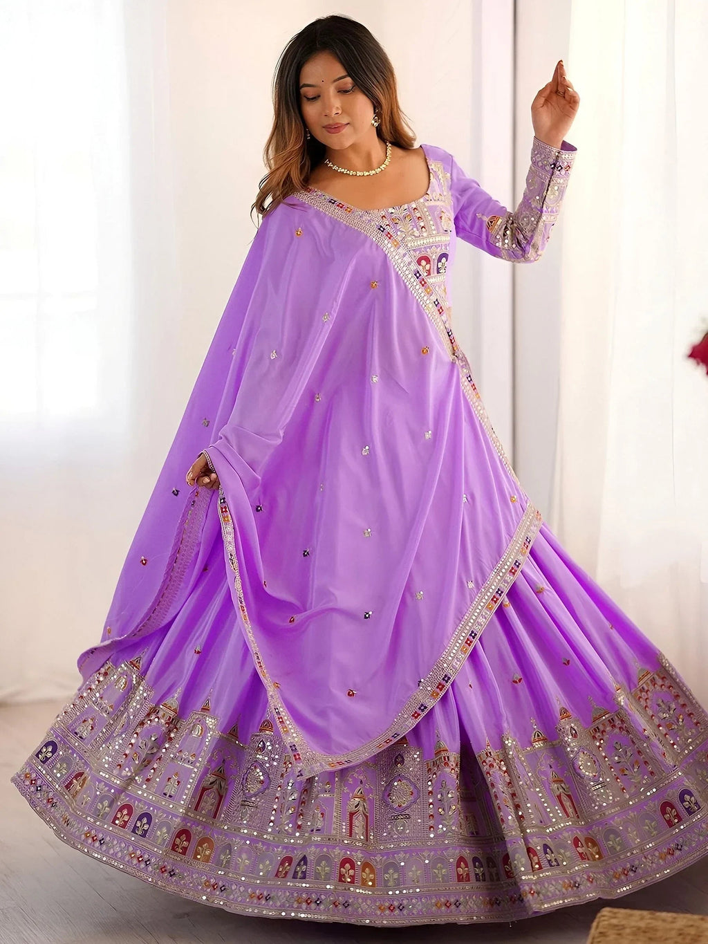 Lavender Magnetic Coding Work Crepe Silk Designer Lehenga Choli