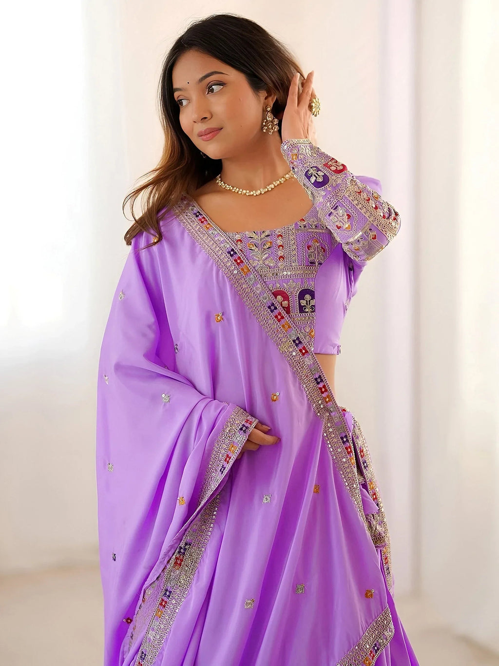 Lavender Magnetic Coding Work Crepe Silk Designer Lehenga Choli