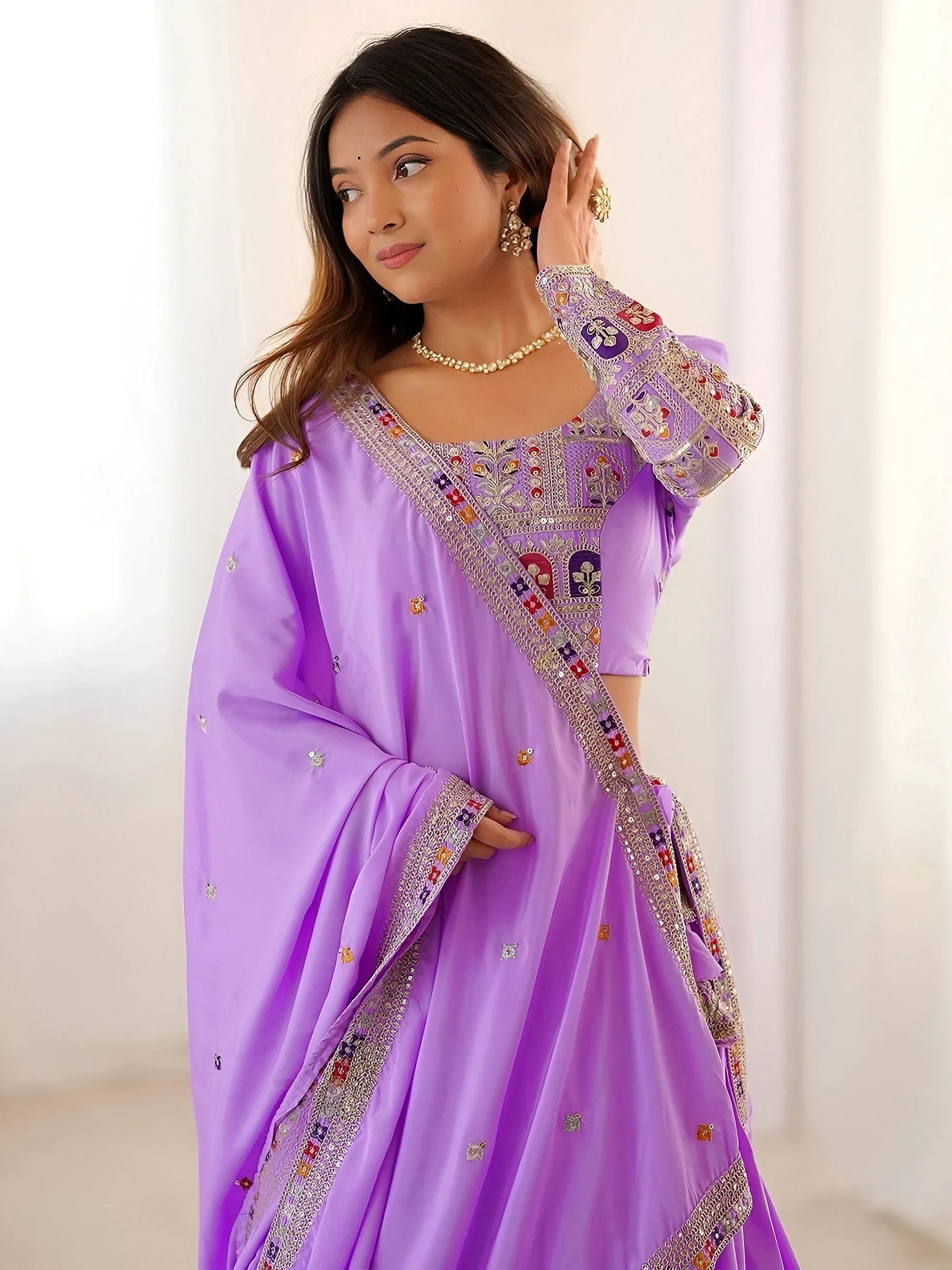 Lavender Magnetic Coding Work Crepe Silk Designer Lehenga Choli