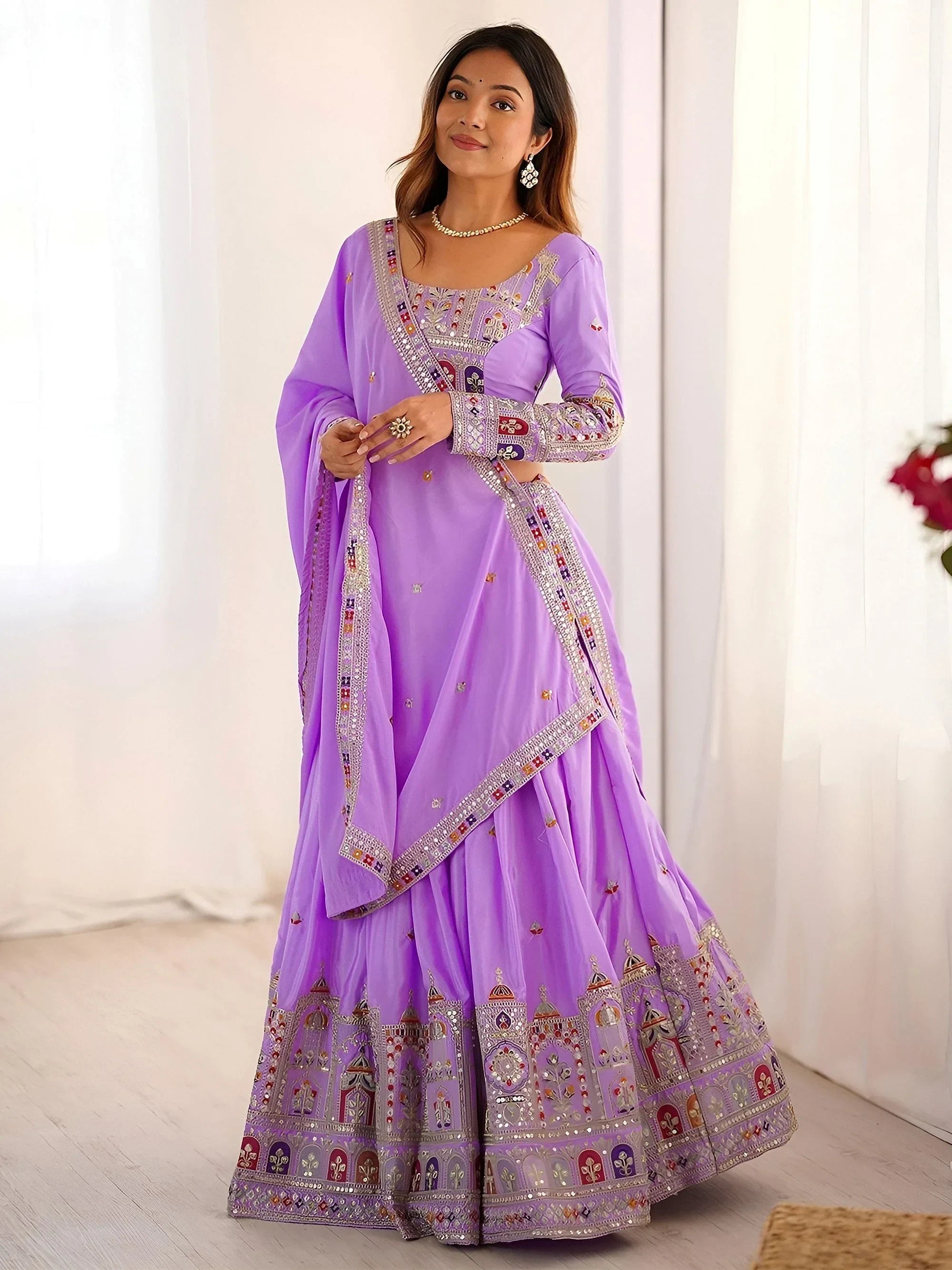 Lavender Magnetic Coding Work Crepe Silk Designer Lehenga Choli