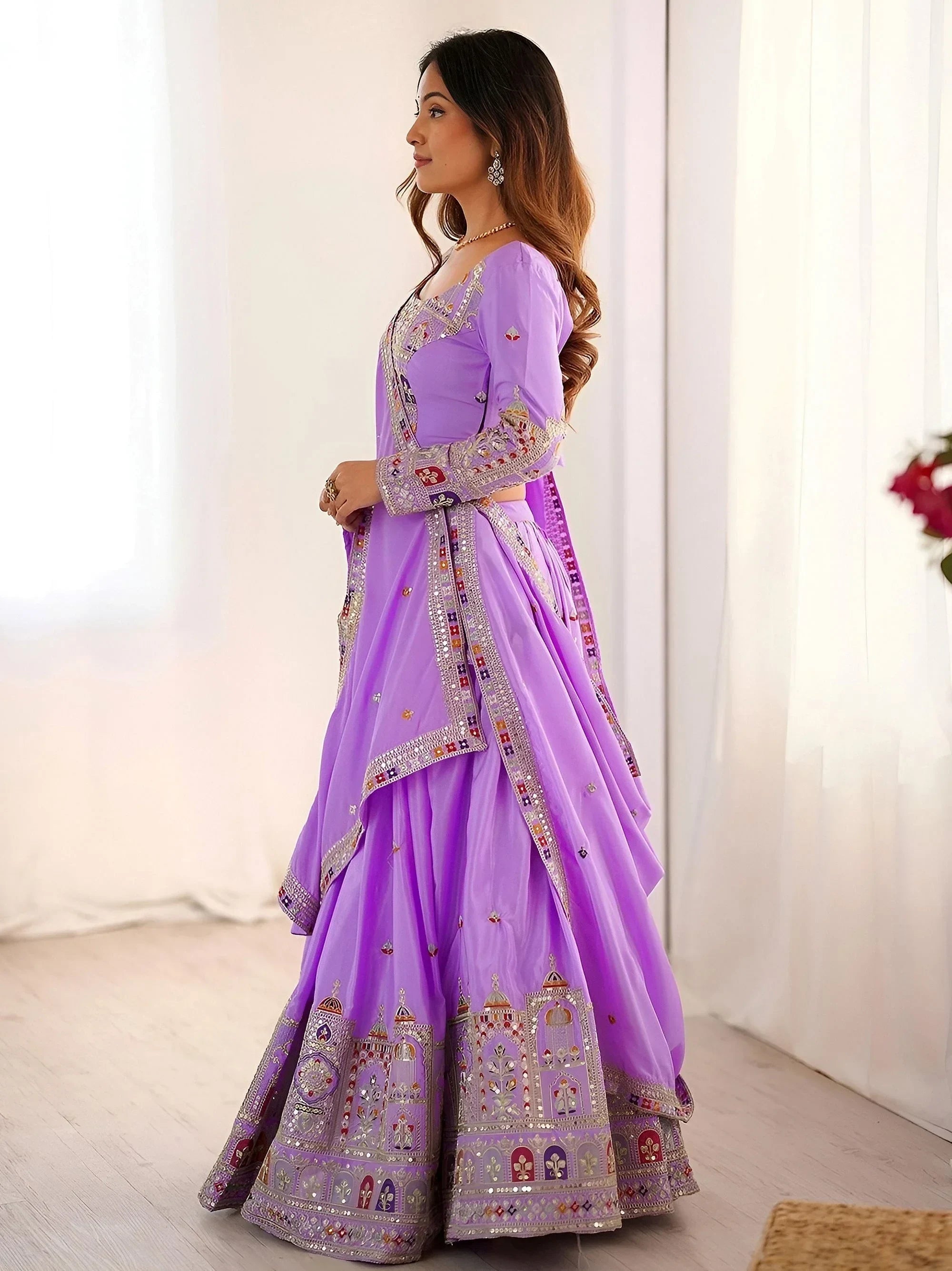 Lavender Magnetic Coding Work Crepe Silk Designer Lehenga Choli