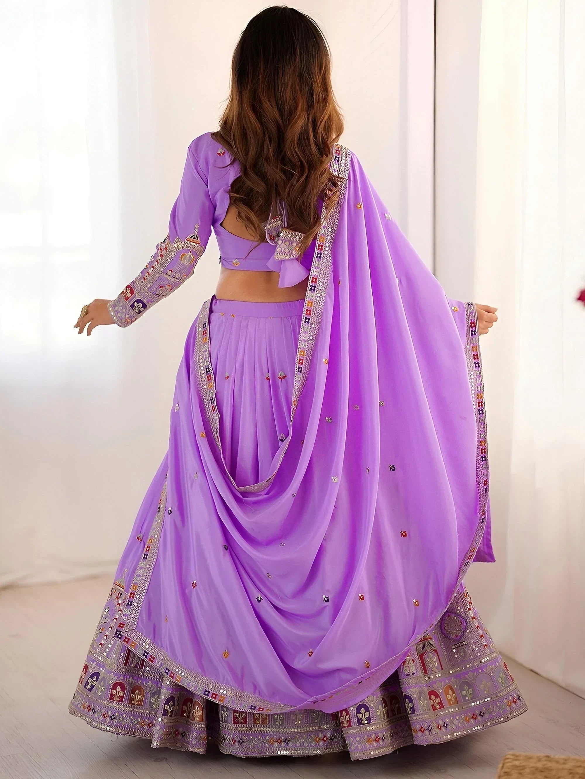 Lavender Magnetic Coding Work Crepe Silk Designer Lehenga Choli