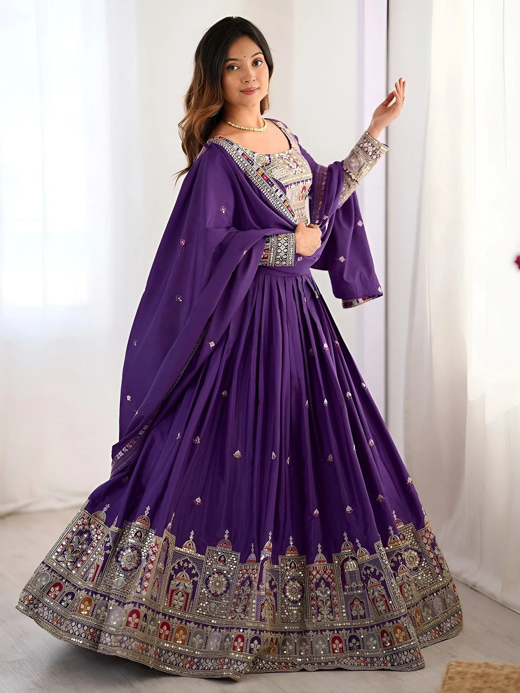 Purple Magnetic Coding Work Crepe Silk Designer Lehenga Choli