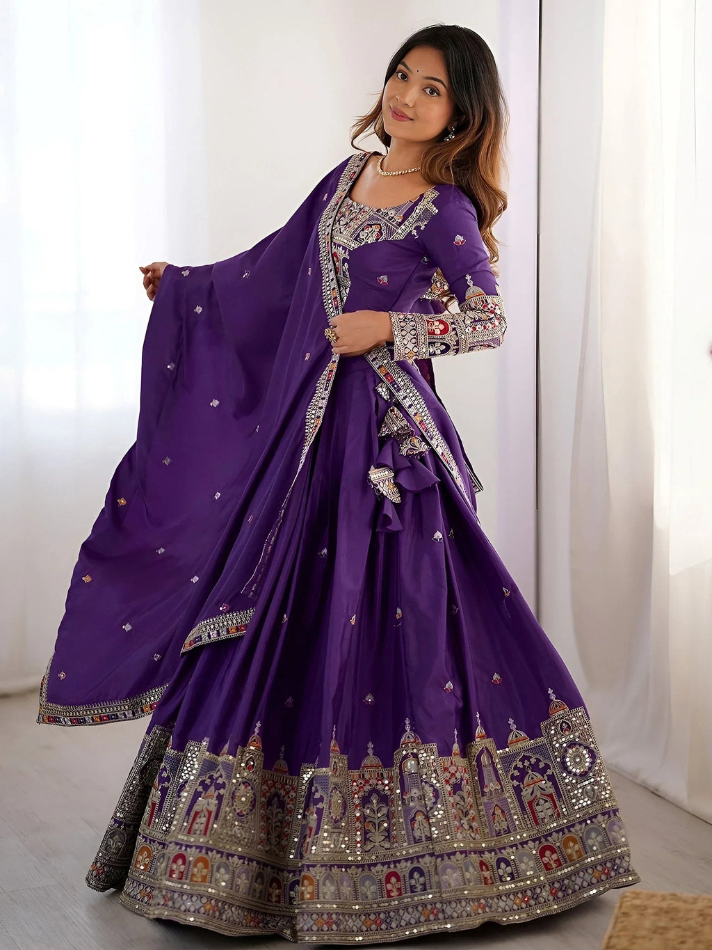 Purple Magnetic Coding Work Crepe Silk Designer Lehenga Choli