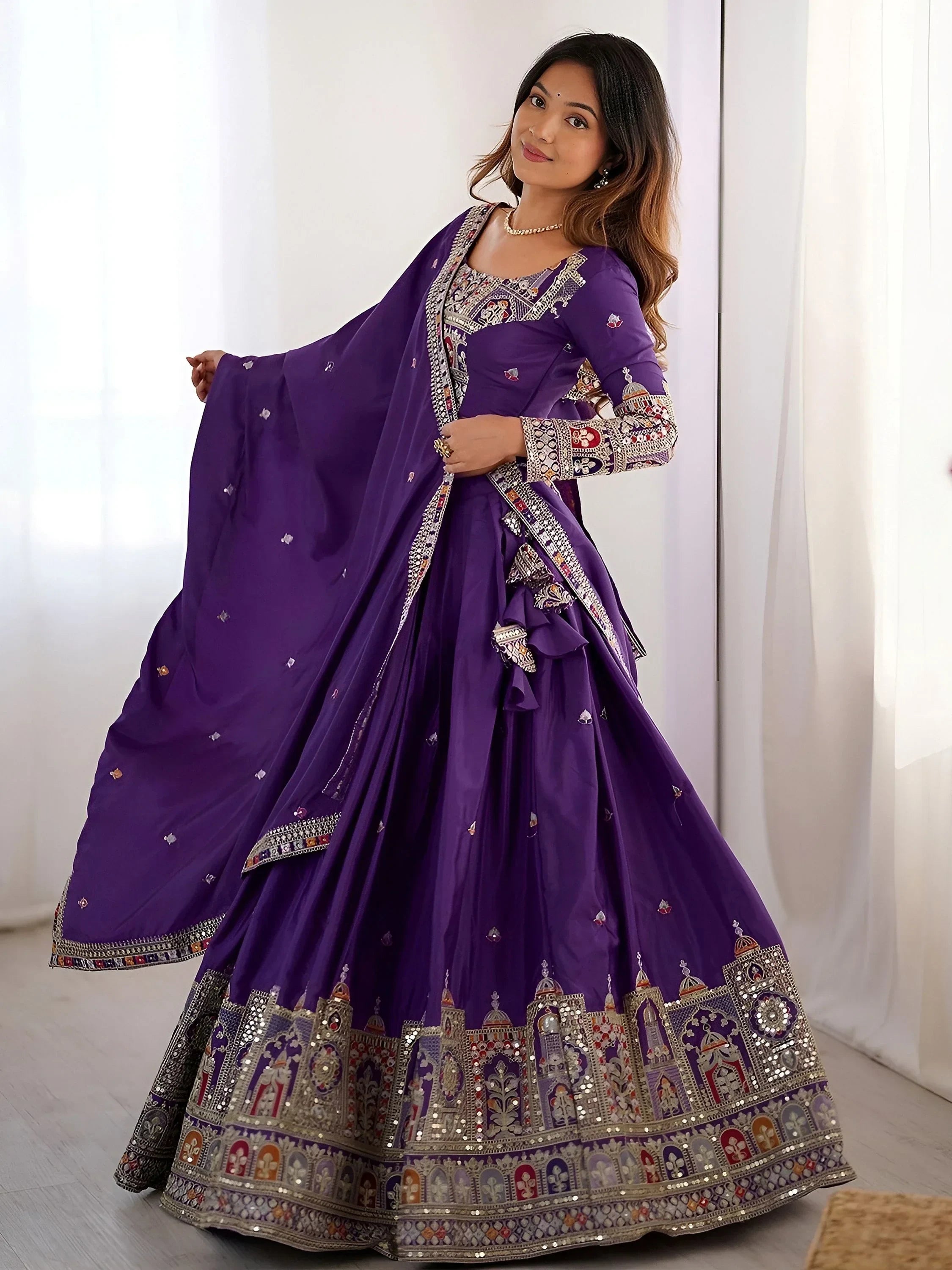 Purple Magnetic Coding Work Crepe Silk Designer Lehenga Choli