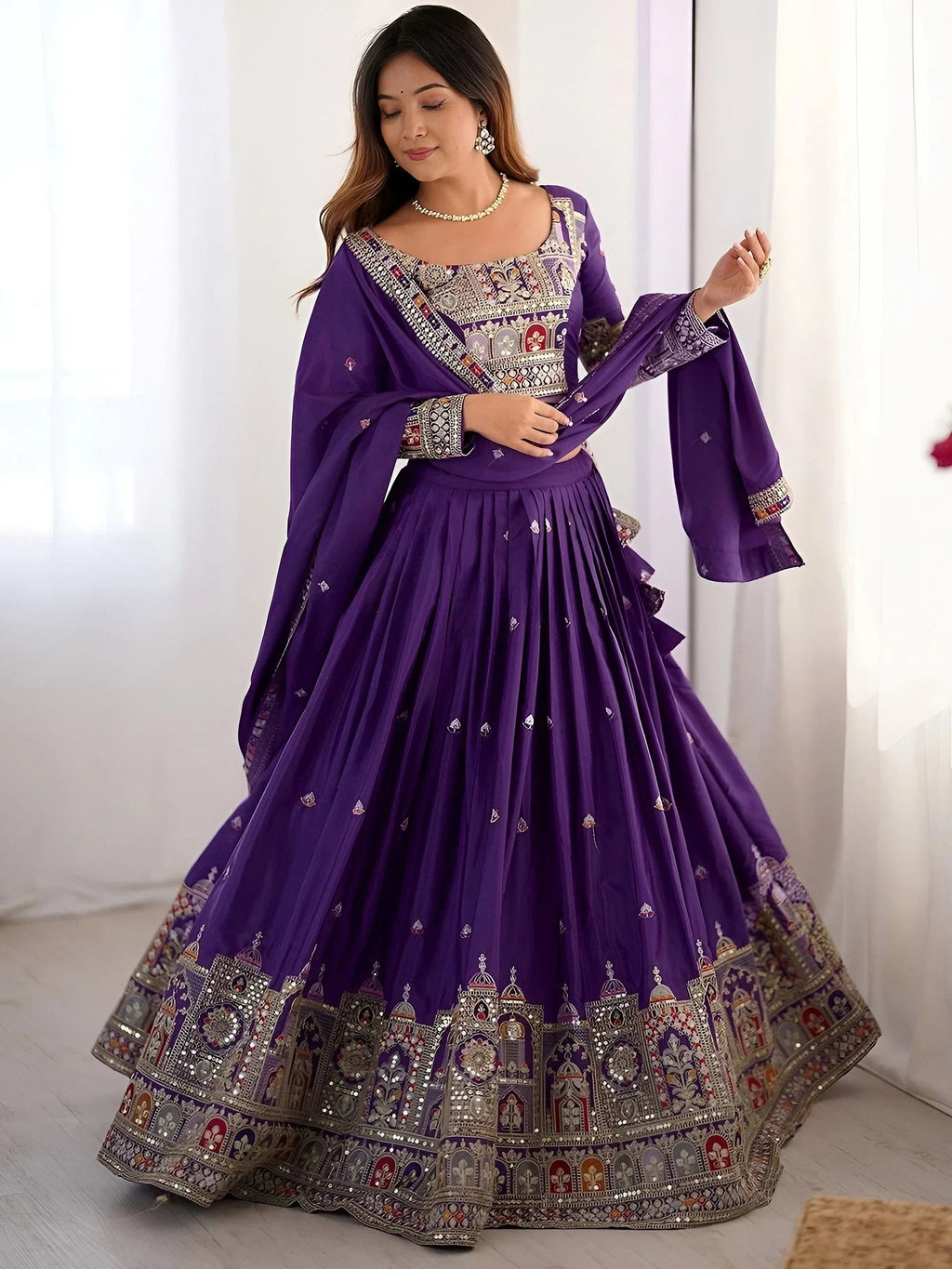 Purple Magnetic Coding Work Crepe Silk Designer Lehenga Choli