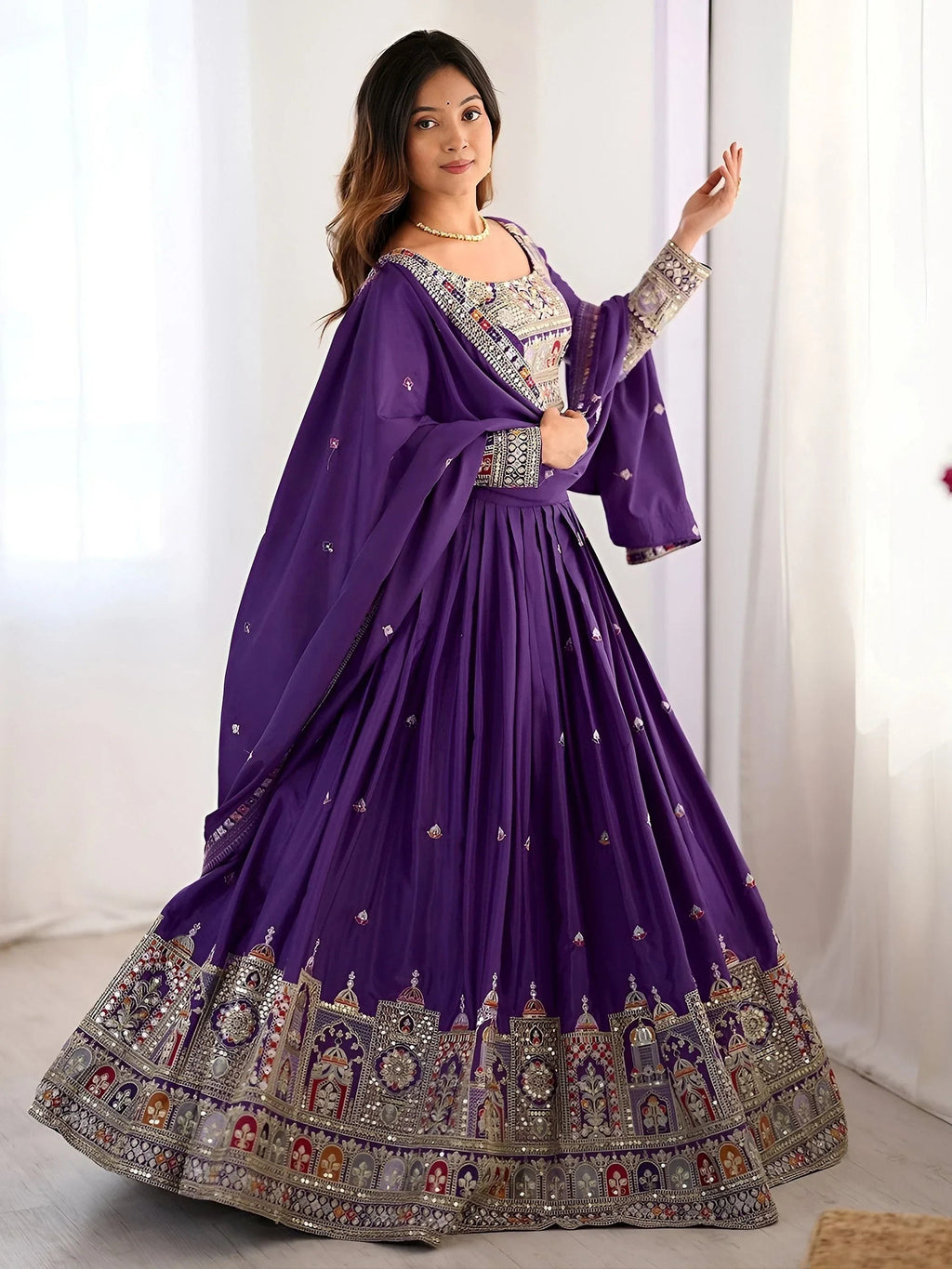 Purple Magnetic Coding Work Crepe Silk Designer Lehenga Choli