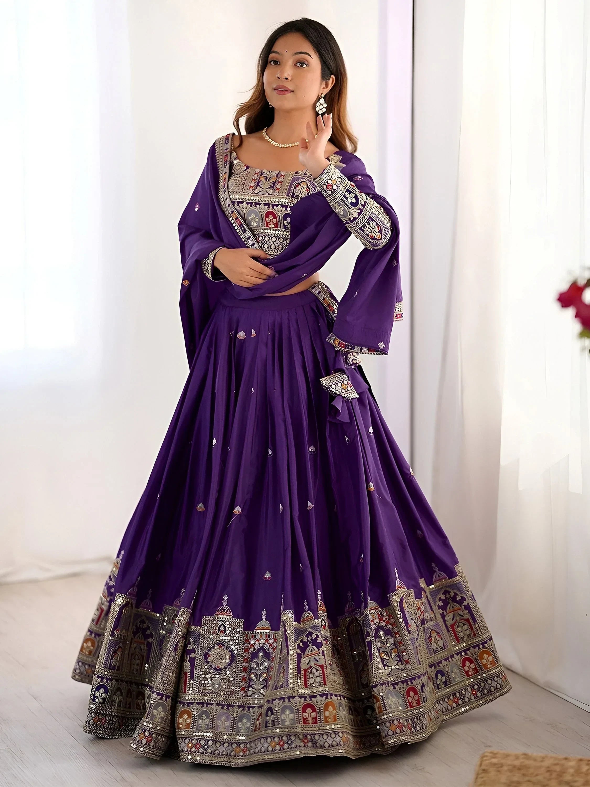 Purple Magnetic Coding Work Crepe Silk Designer Lehenga Choli