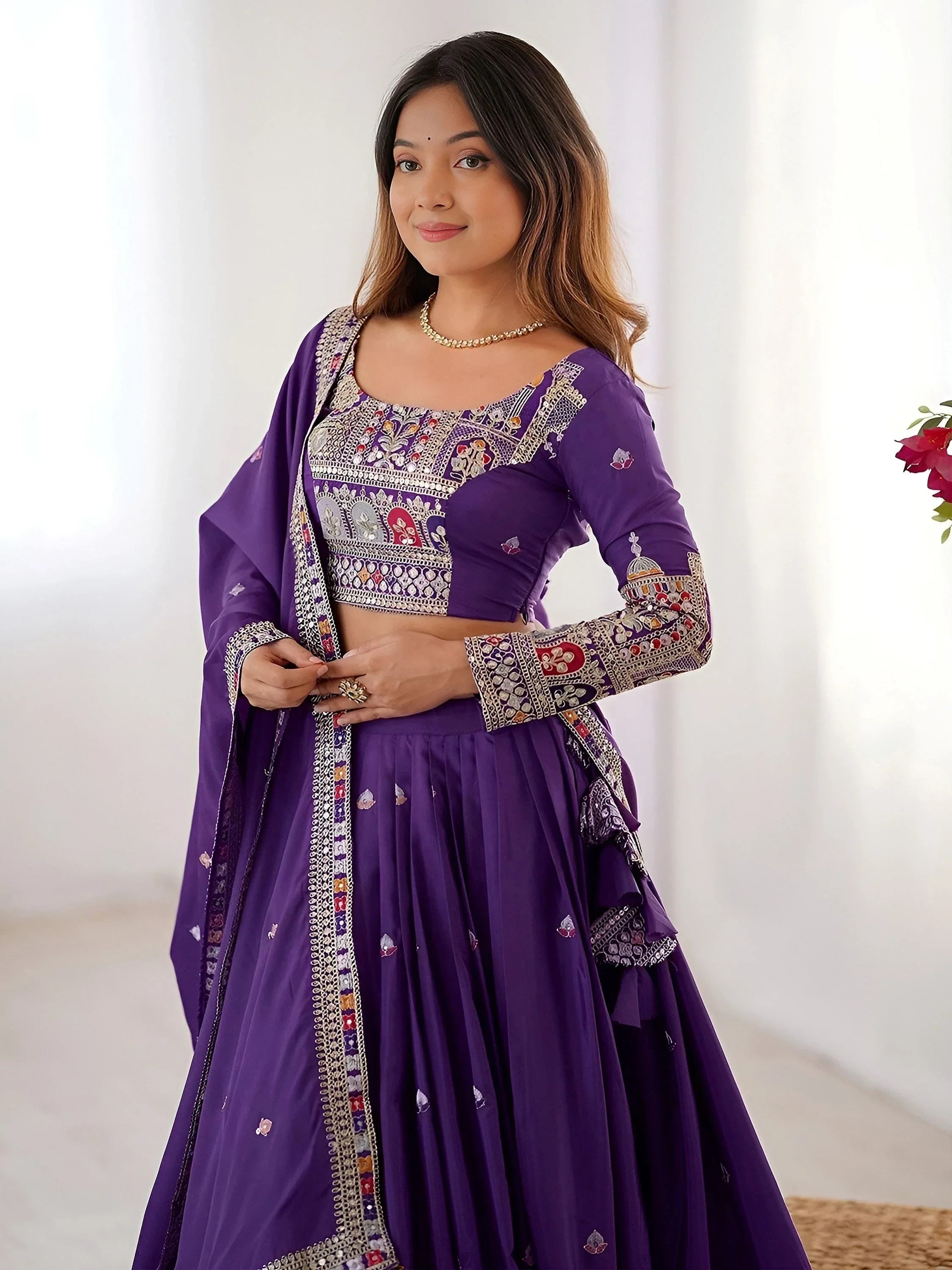 Purple Magnetic Coding Work Crepe Silk Designer Lehenga Choli