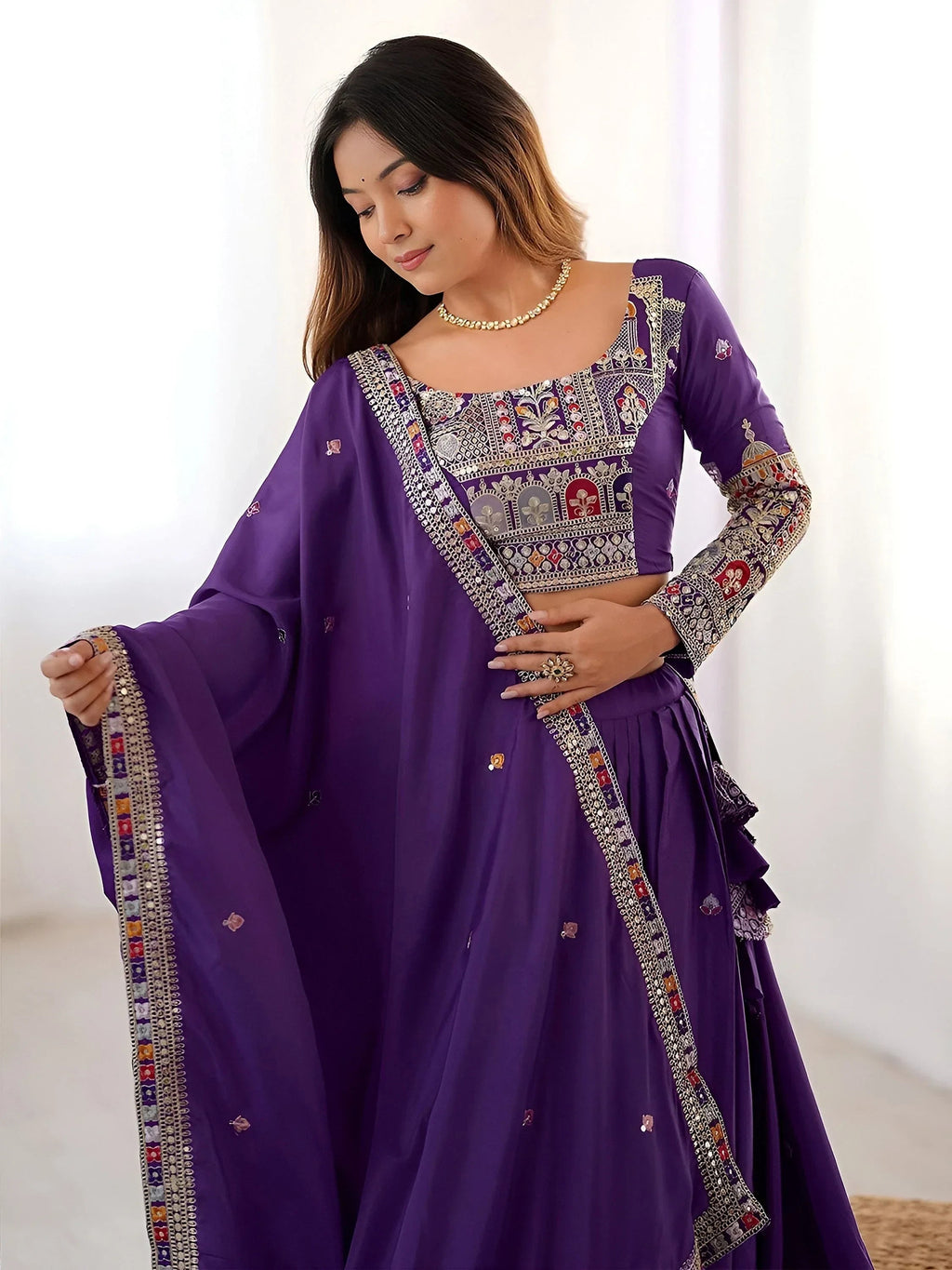Purple Magnetic Coding Work Crepe Silk Designer Lehenga Choli