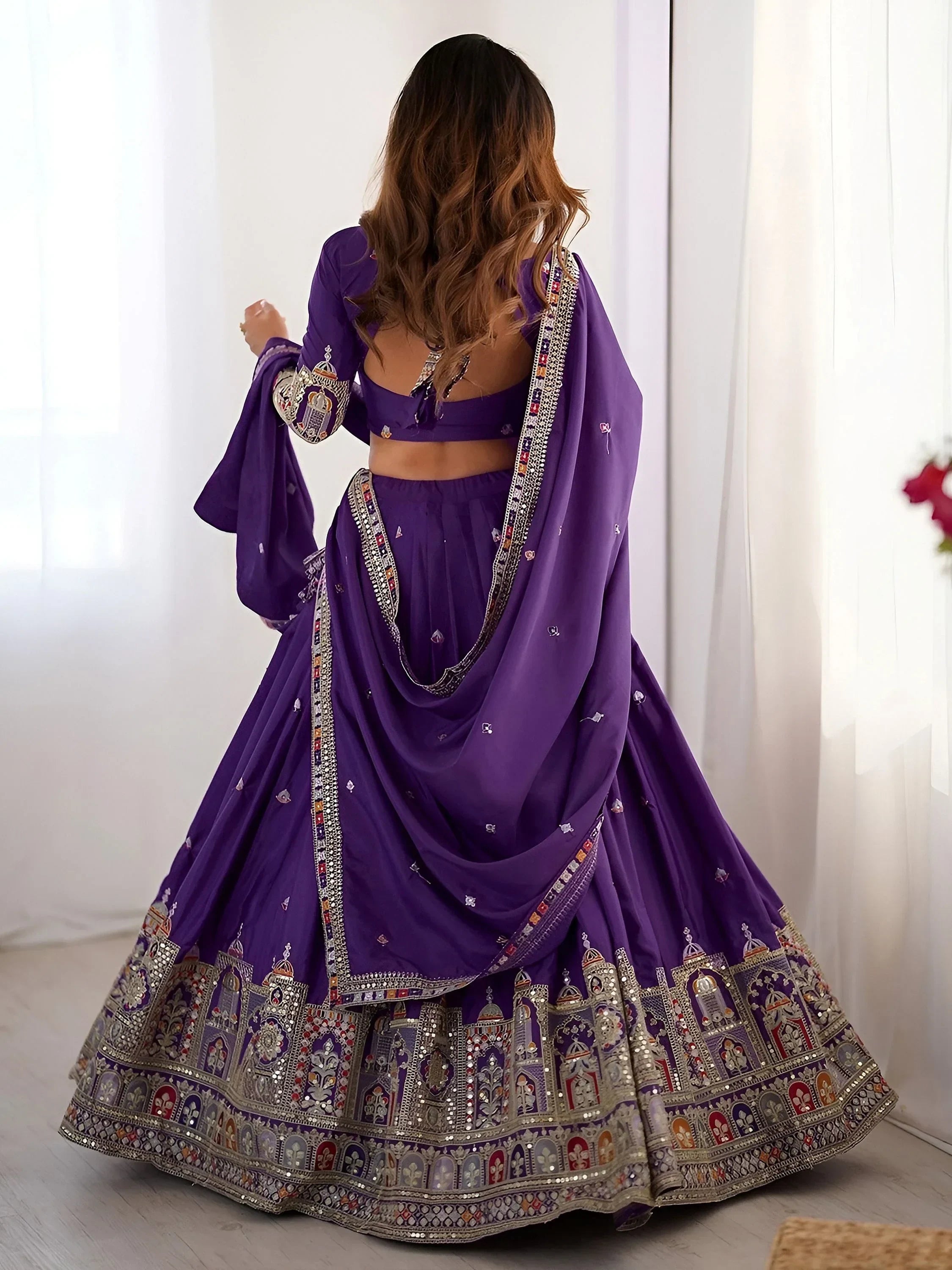 Purple Magnetic Coding Work Crepe Silk Designer Lehenga Choli