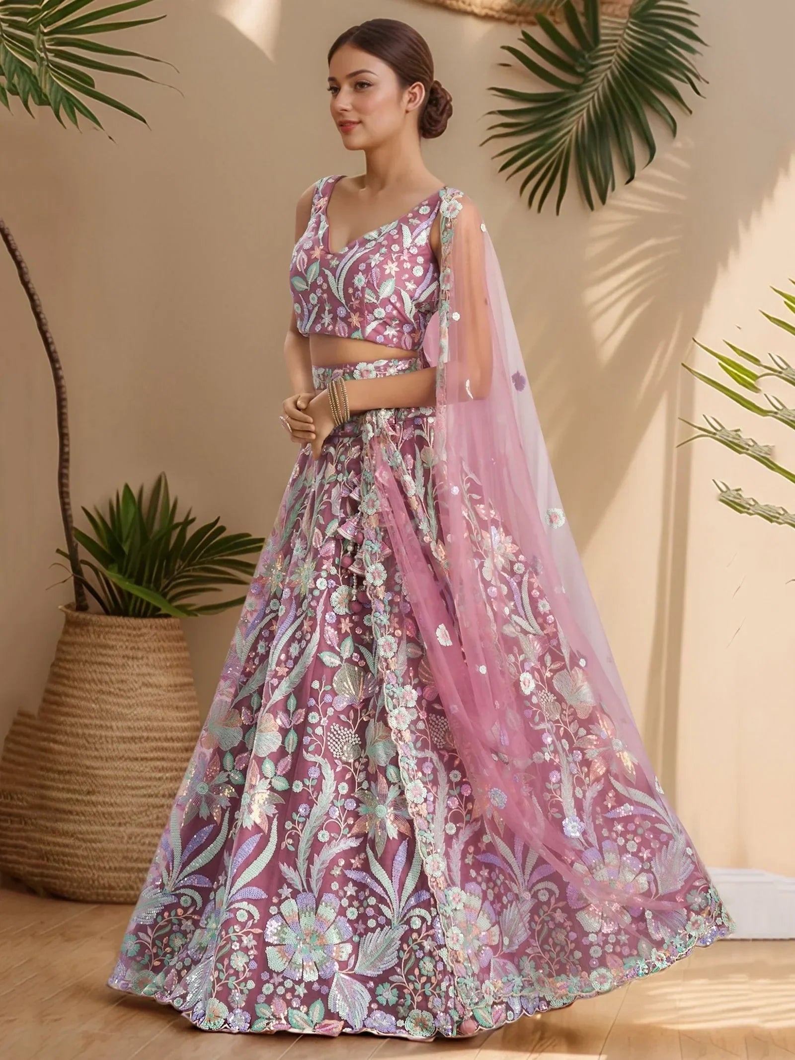 Attractive Pink Sequins Net Designer Lehenga Choli With Dupatta