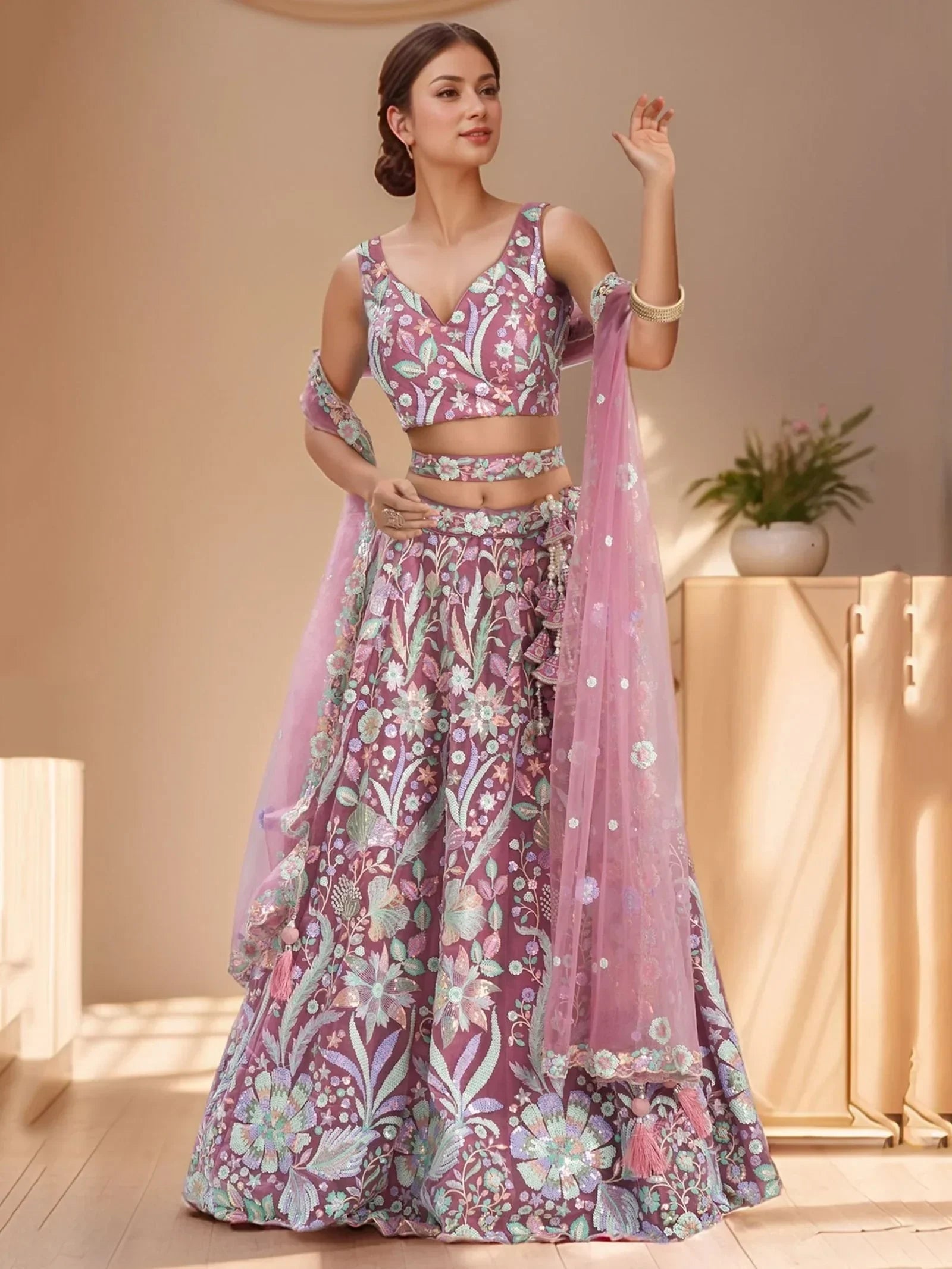 Attractive Pink Sequins Net Designer Lehenga Choli With Dupatta