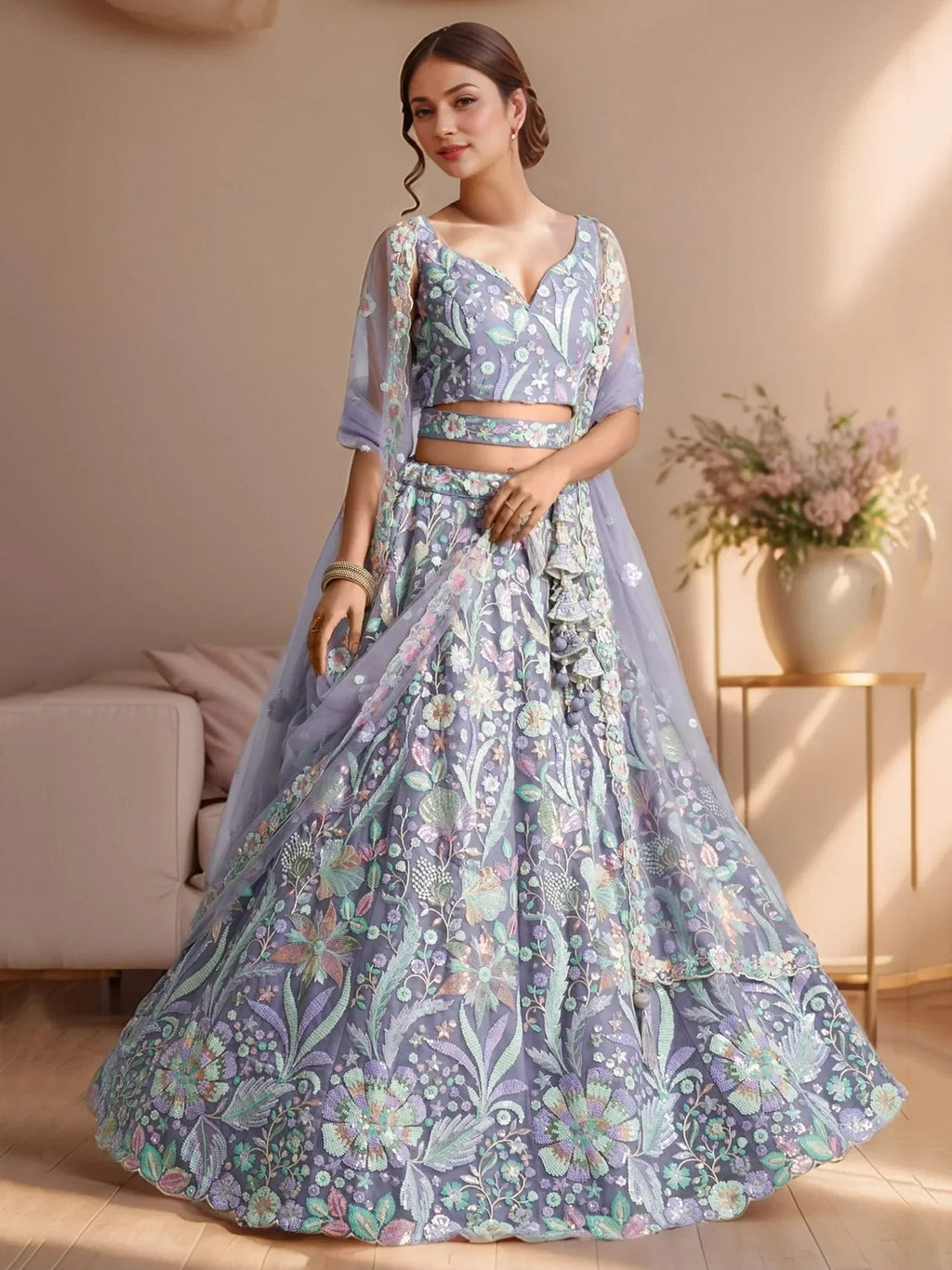 Astonishing Lavender Embroidered Net Designer Lehenga Choli With Dupatta