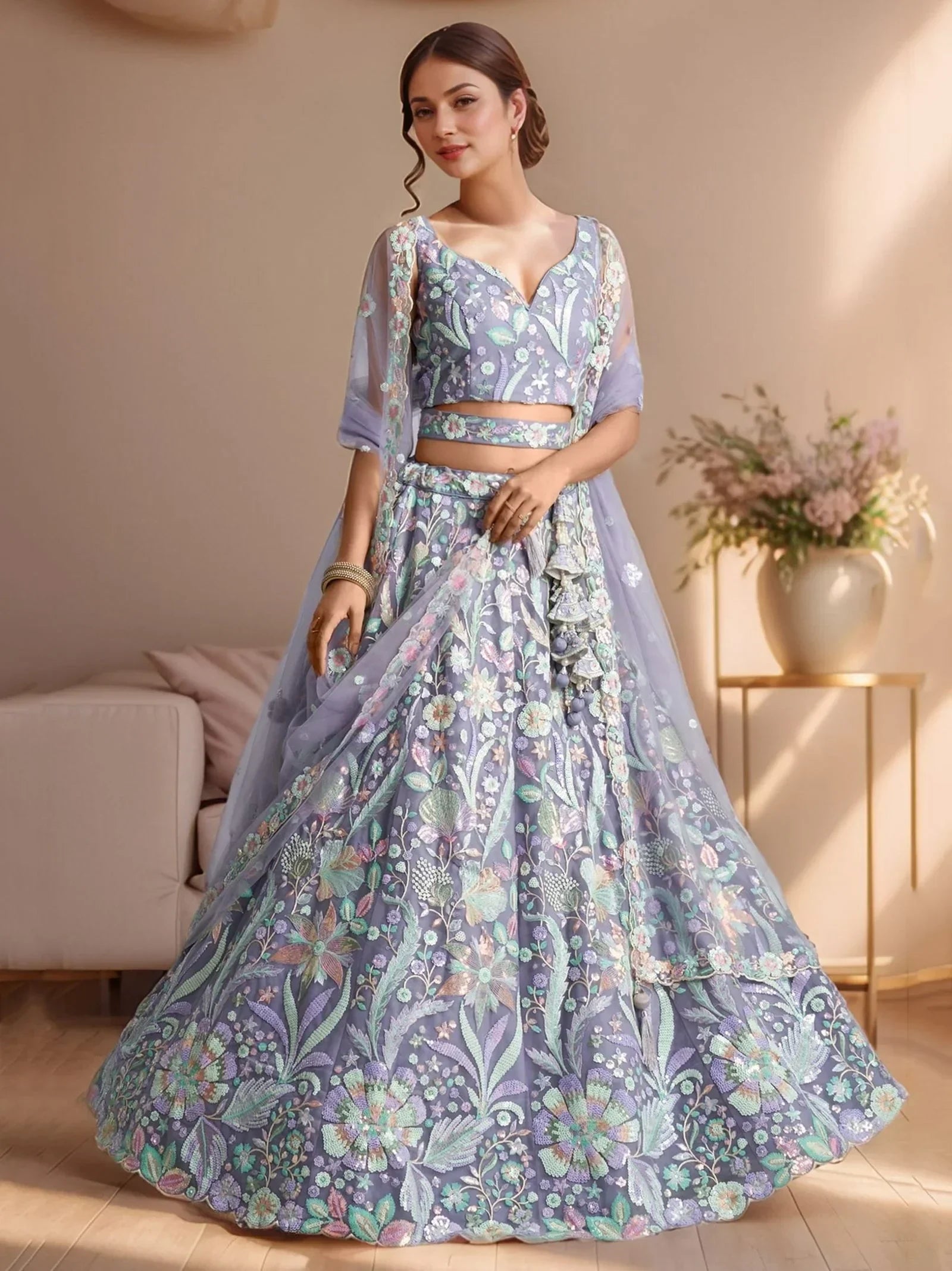 Astonishing Lavender Embroidered Net Designer Lehenga Choli With Dupatta