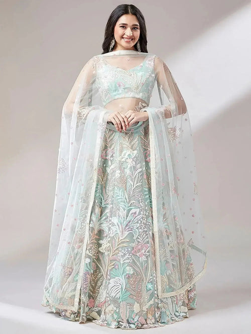 Adoring Pista Green Sequins Net Wedding Wear Plus Size Lehenga Choli