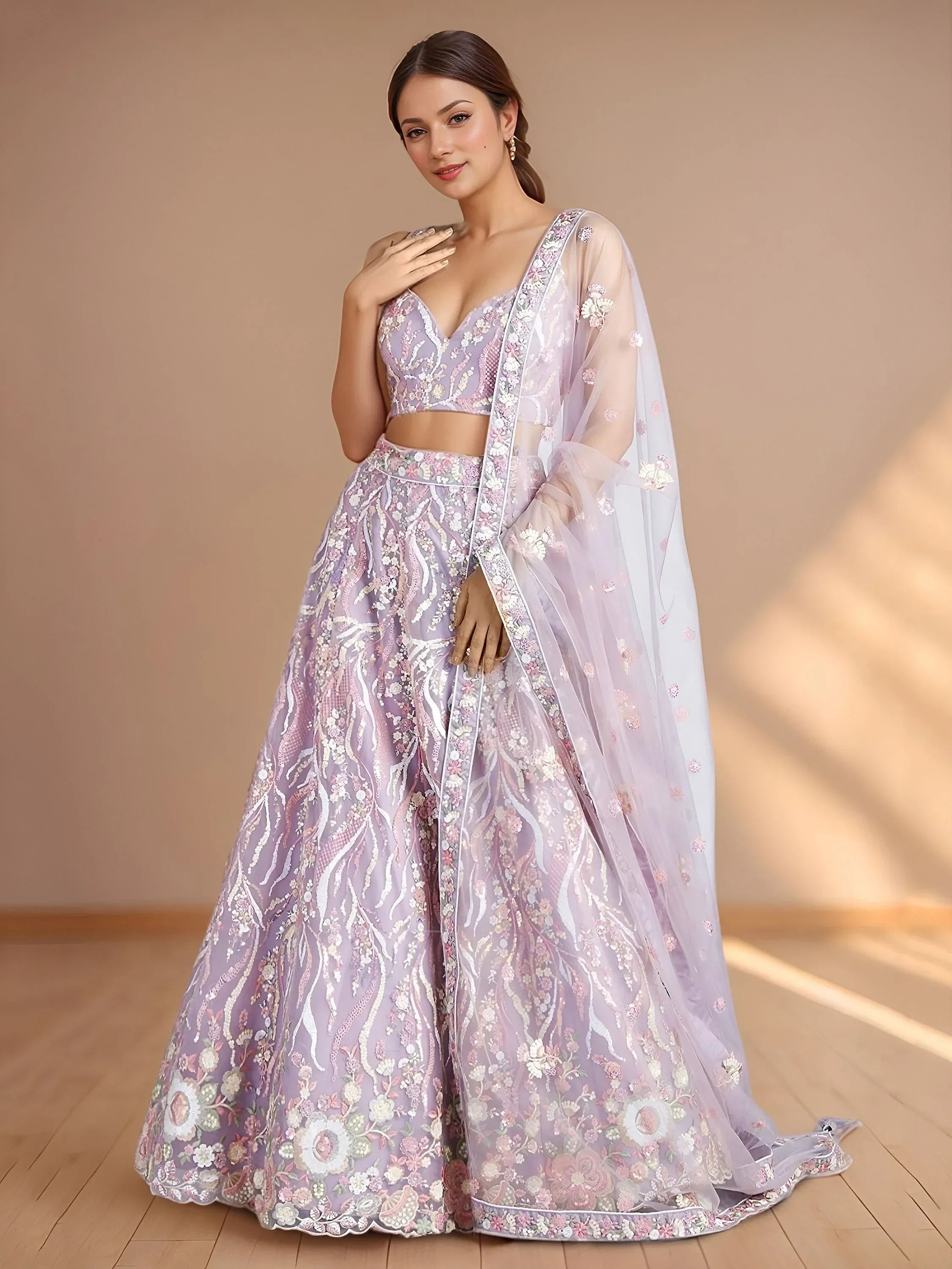Lavender Astonishing Sequins Net Party Wear Lehenga Choli With Dupatta