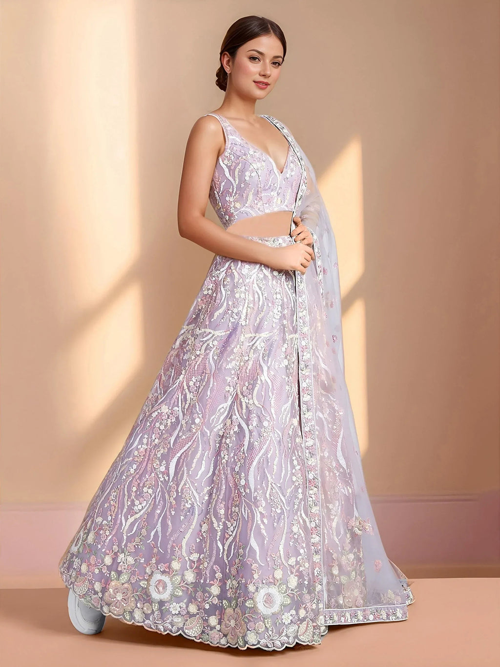Lavender Astonishing Sequins Net Party Wear Lehenga Choli With Dupatta