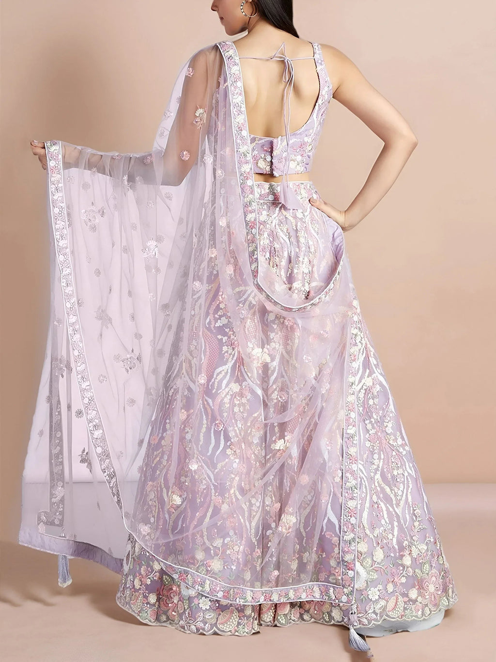Lavender Astonishing Sequins Net Party Wear Lehenga Choli With Dupatta