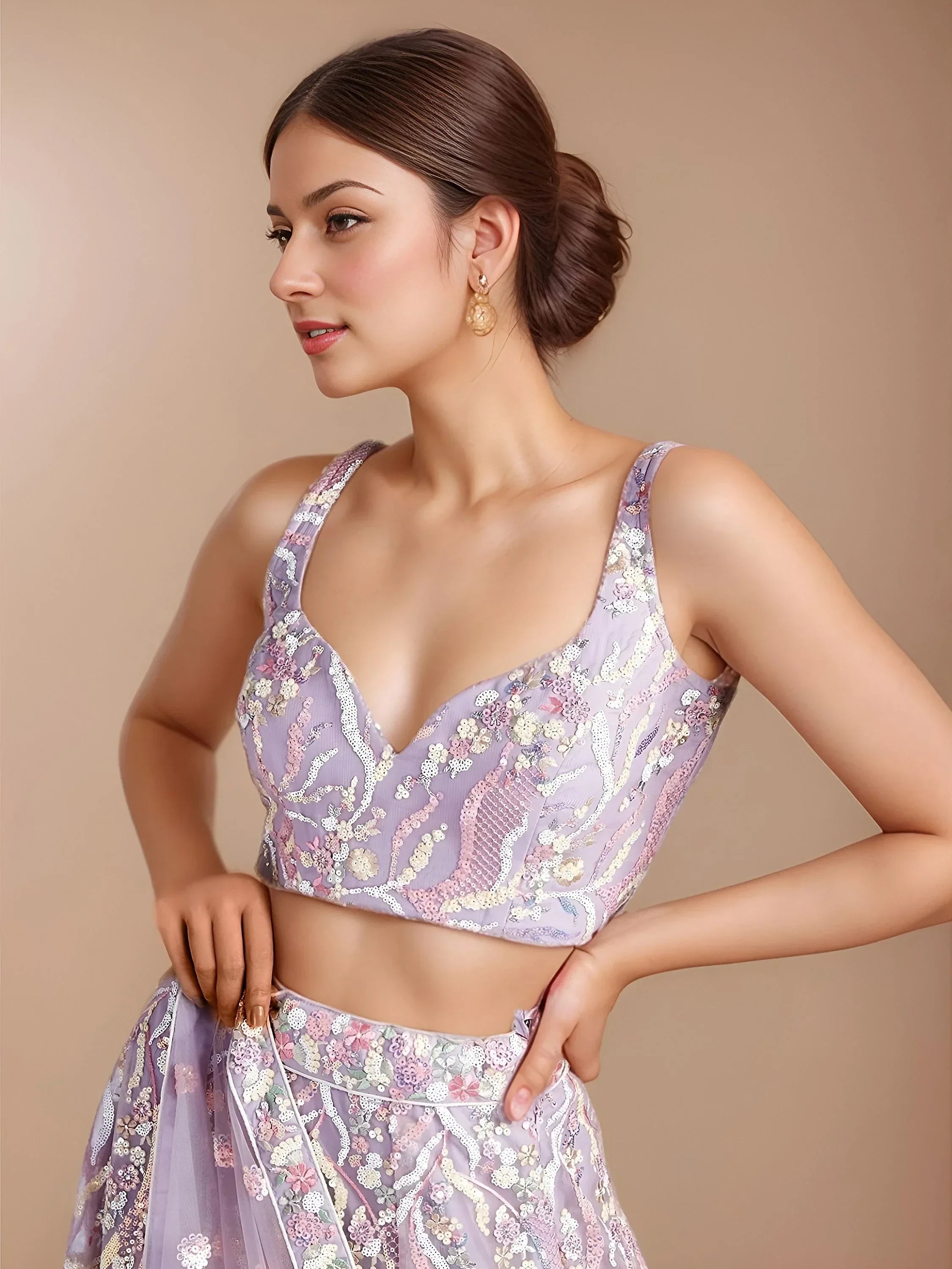 Lavender Astonishing Sequins Net Party Wear Lehenga Choli With Dupatta