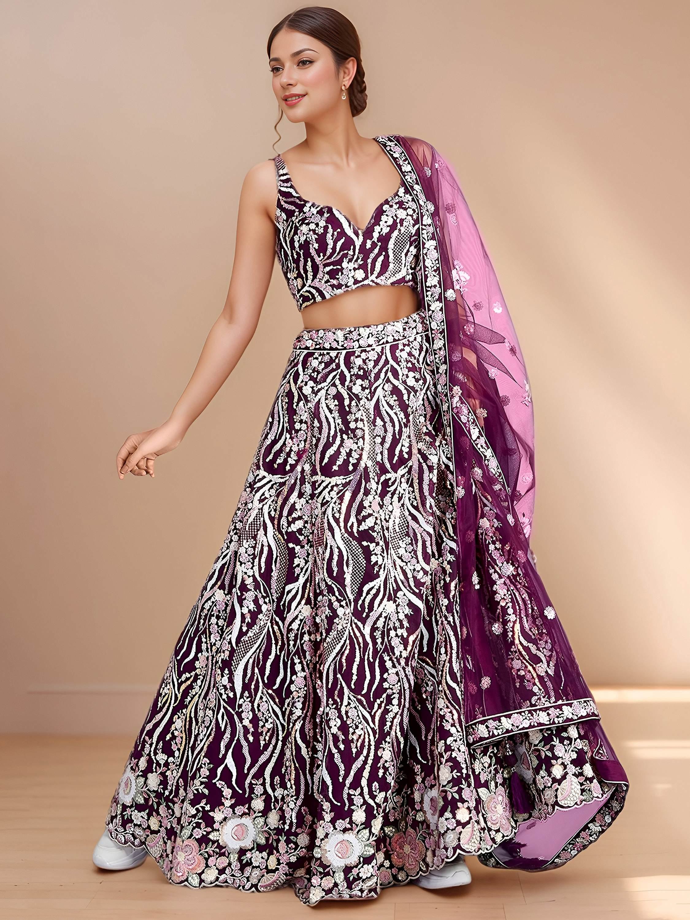 Purple Astonishing Sequins Net Party Wear Lehenga Choli With Dupatta