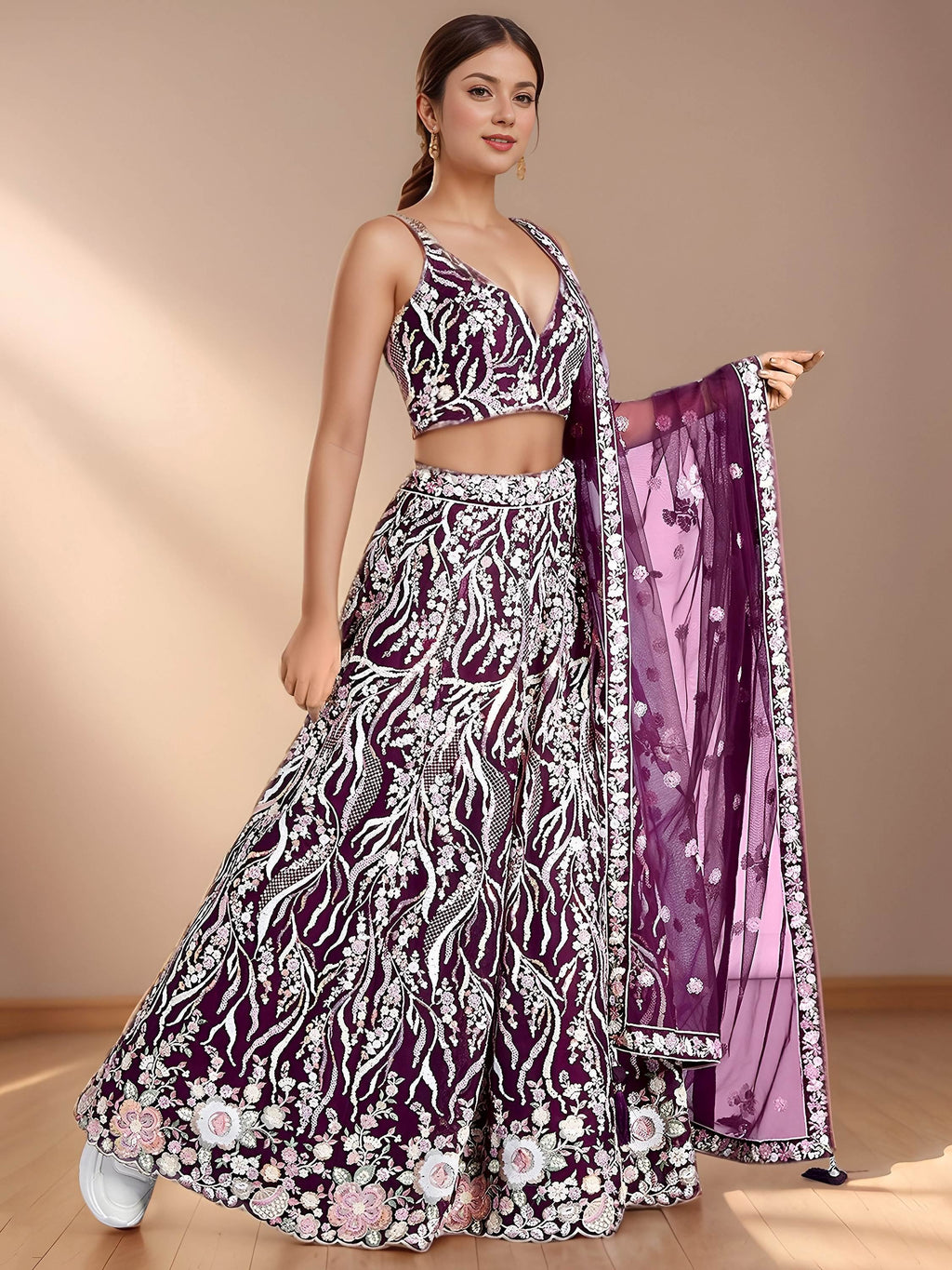 Purple Astonishing Sequins Net Party Wear Lehenga Choli With Dupatta