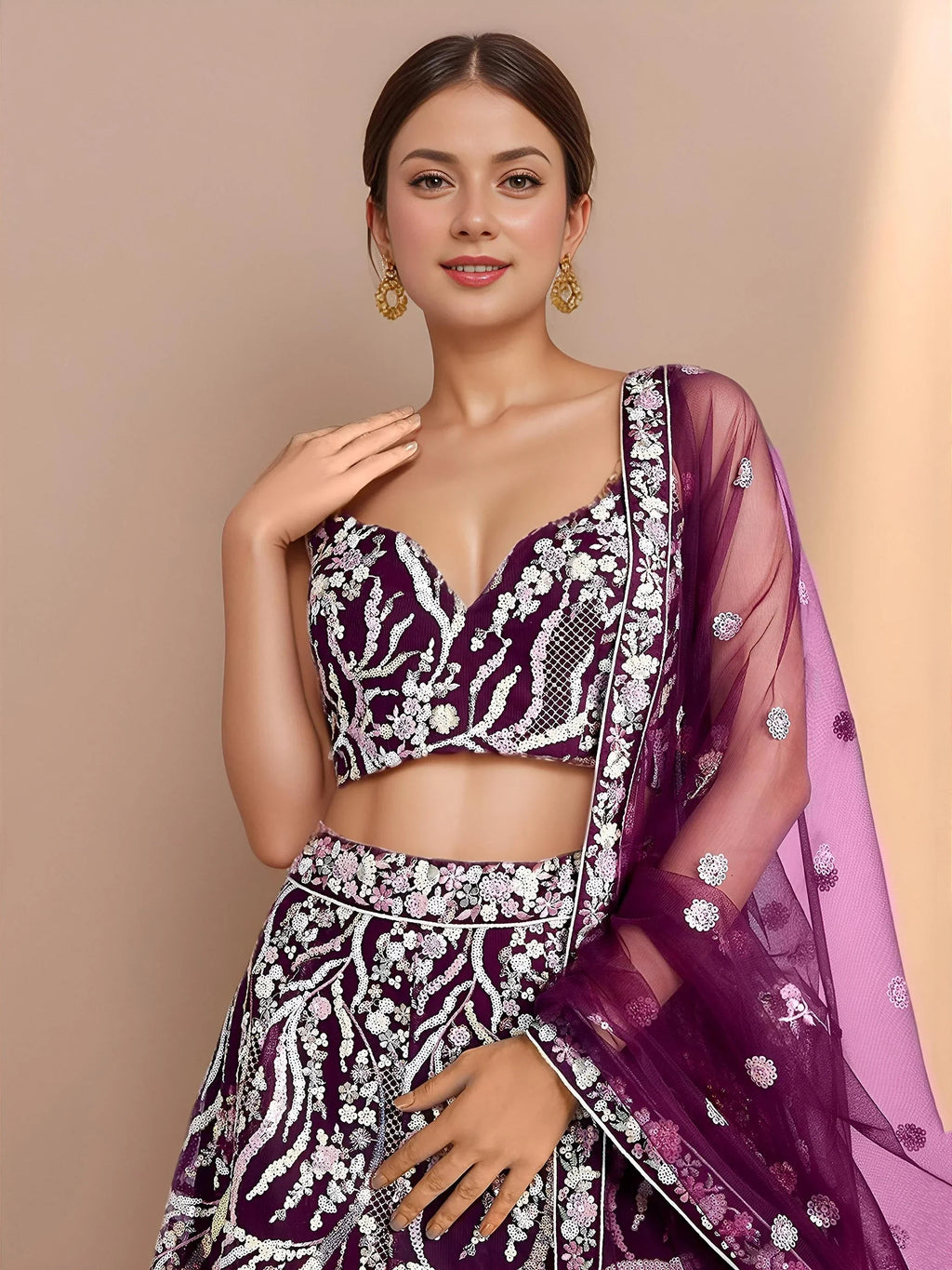 Purple Astonishing Sequins Net Party Wear Lehenga Choli With Dupatta