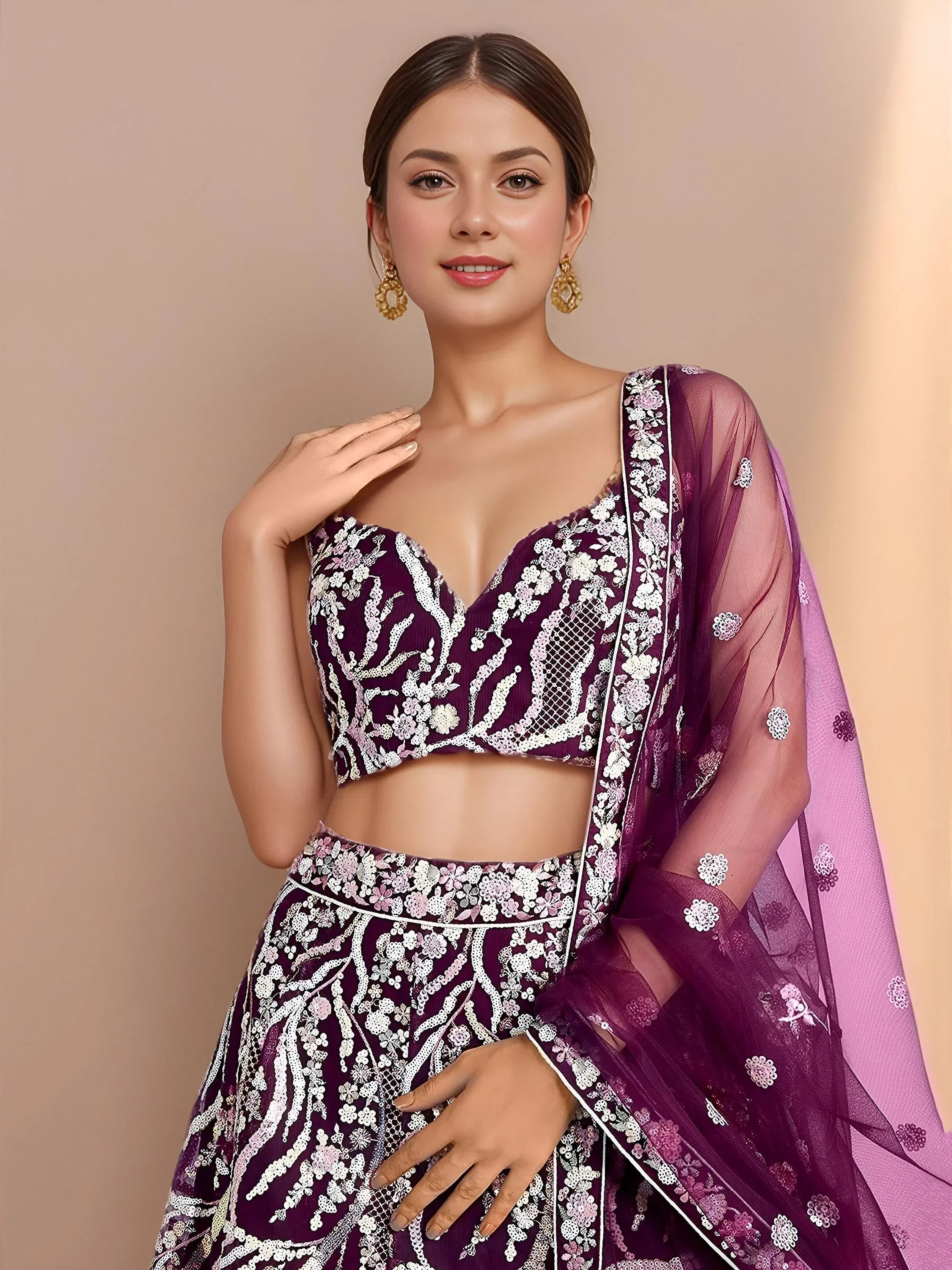 Purple Astonishing Sequins Net Party Wear Lehenga Choli With Dupatta