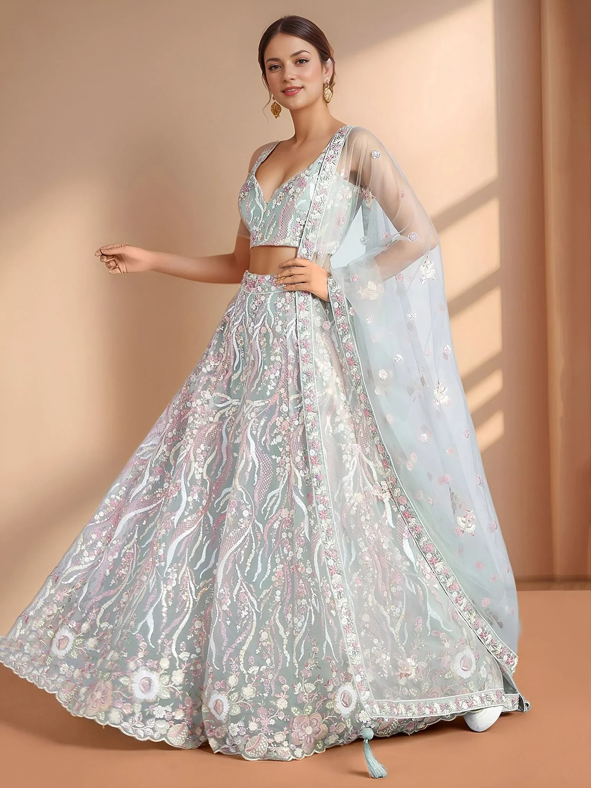 Sky Blue Astonishing Sequins Net Party Wear Lehenga Choli With Dupatta