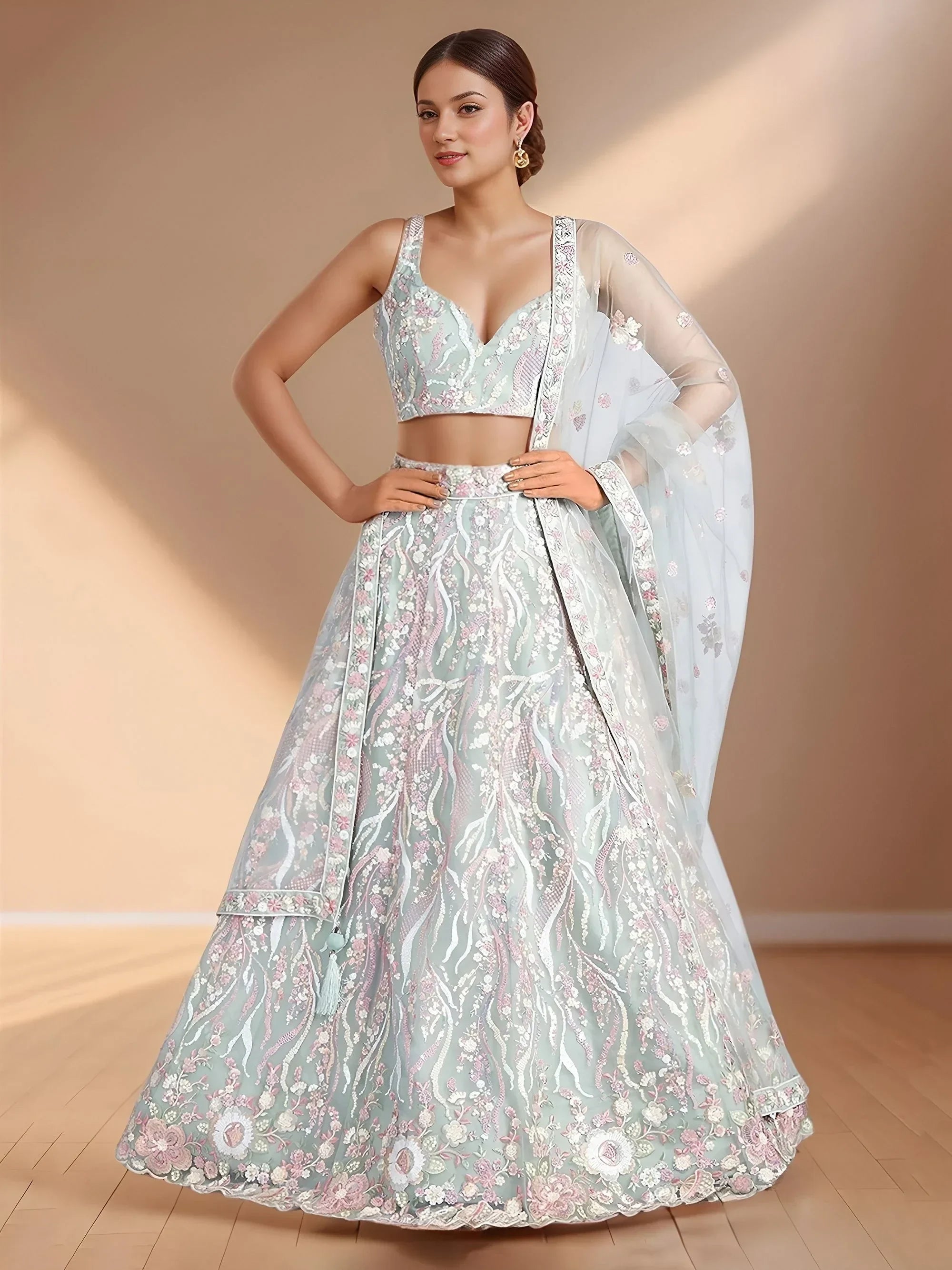 Sky Blue Astonishing Sequins Net Party Wear Lehenga Choli With Dupatta