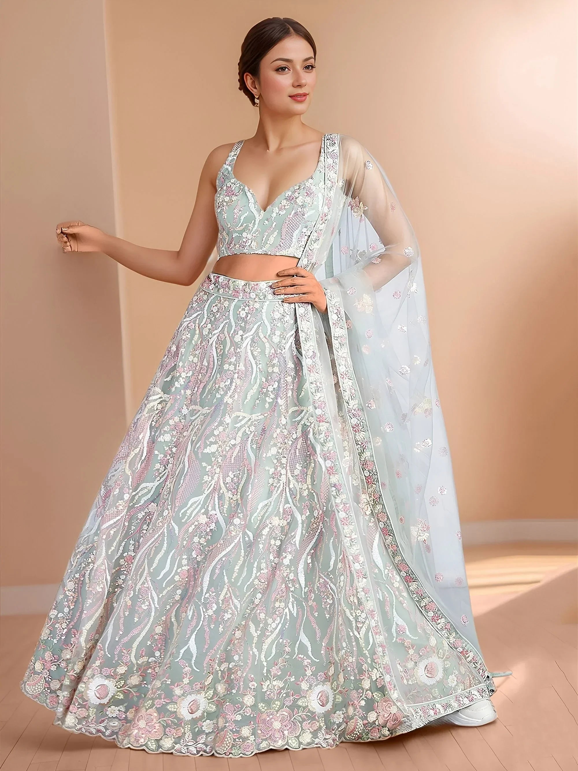 Sky Blue Astonishing Sequins Net Party Wear Lehenga Choli With Dupatta