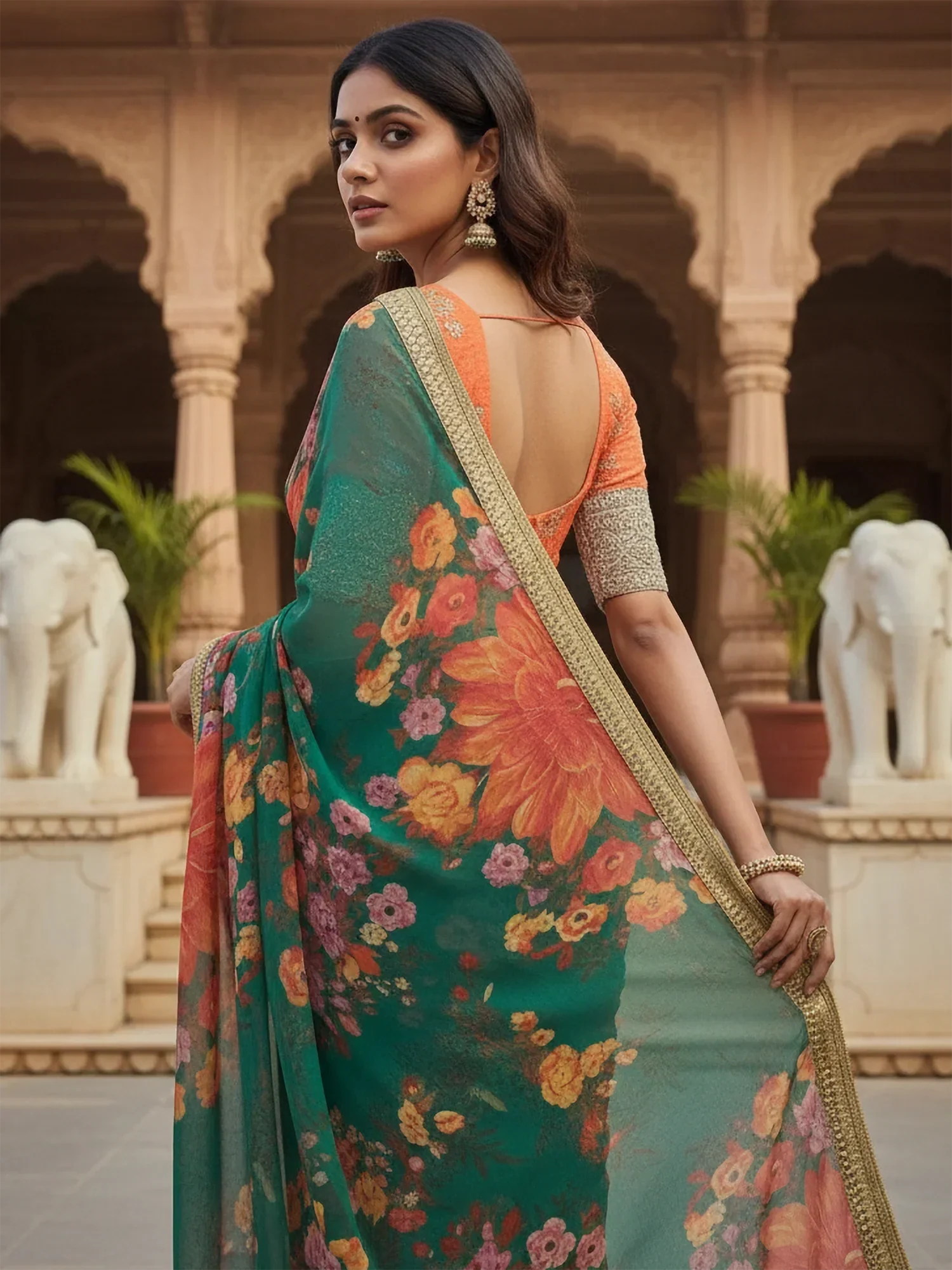 Tantalizing Green Floral Printed Organza Traditional Saree With Blouse