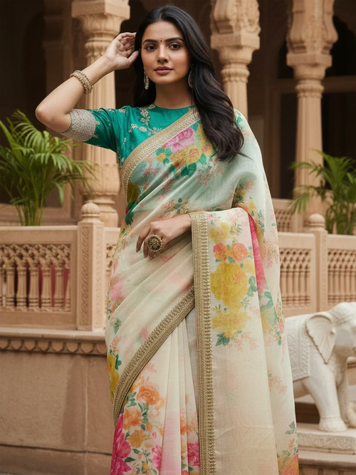 Beautiful Off White Floral Printed Organza Festival Wear Saree With Blouse