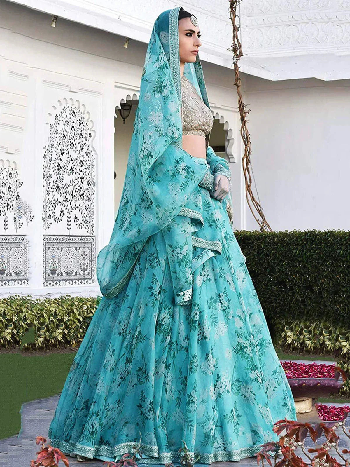 Sky Blue Sabyasachi Floral Organza Party Wear Saree