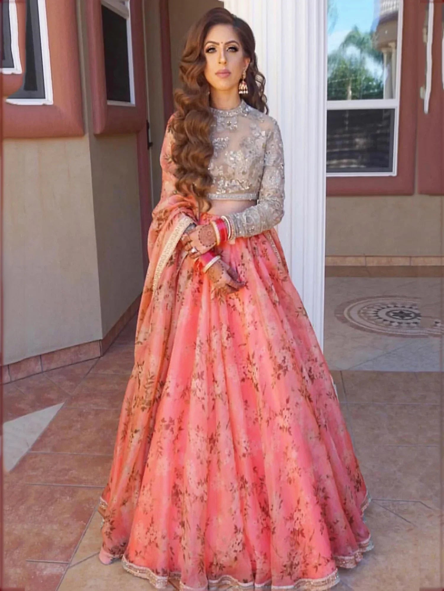 Pink Sabyasachi Floral Organza Party Wear Saree