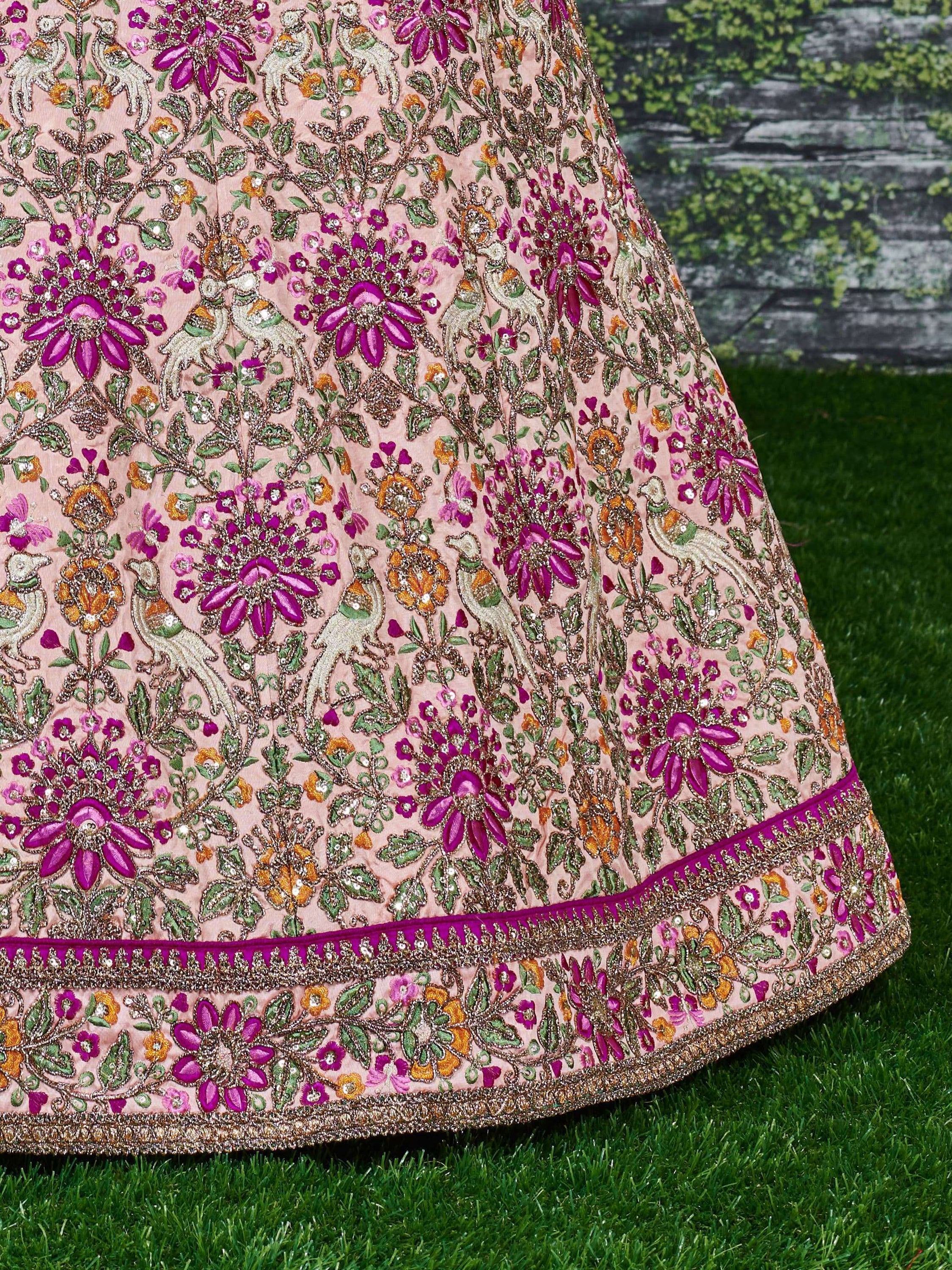 Anushka Sharma Peach Embroidered Taffeta Silk Bridal Wear Lehenga Choli